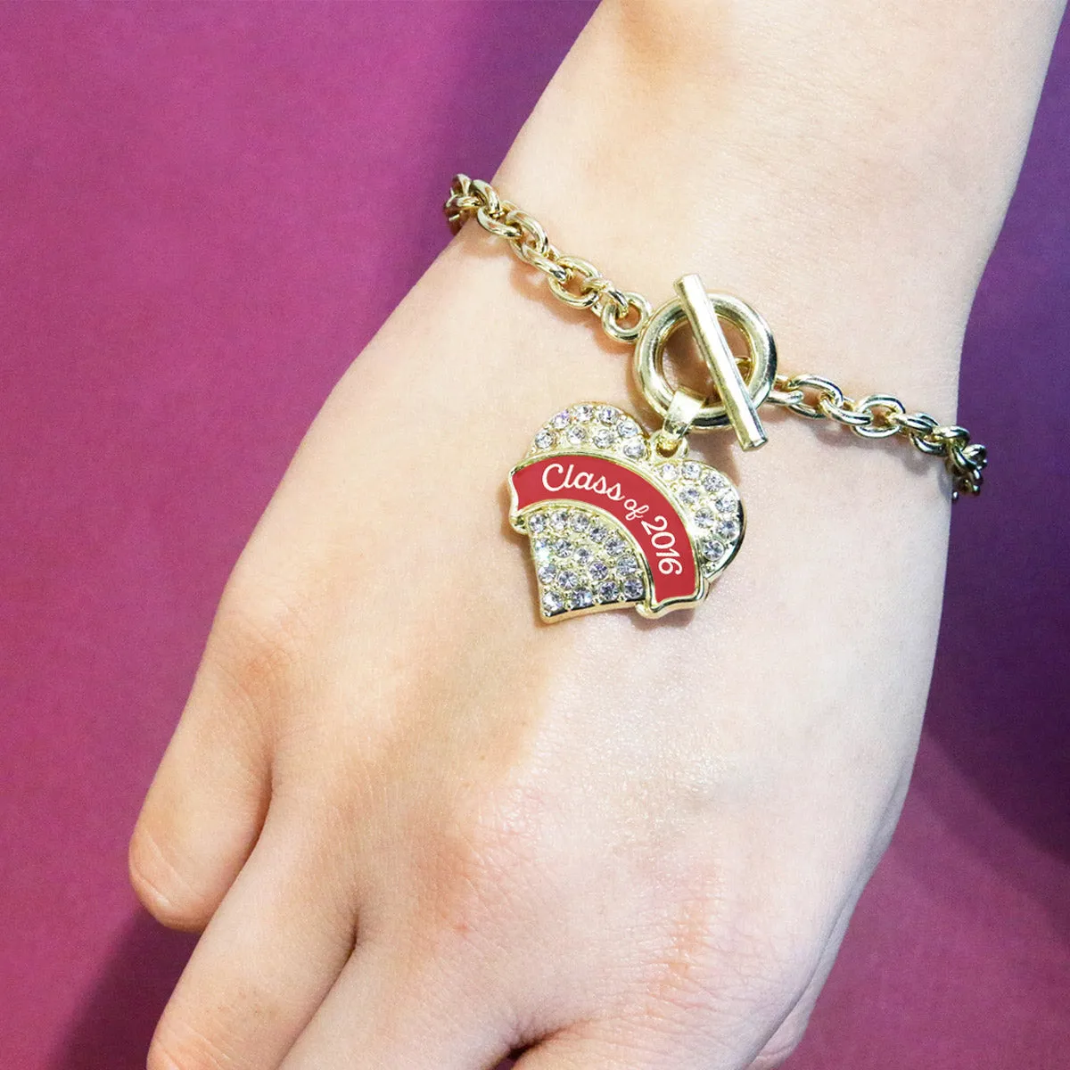 Gold Red Class of 2016 Pave Heart Charm Toggle Bracelet