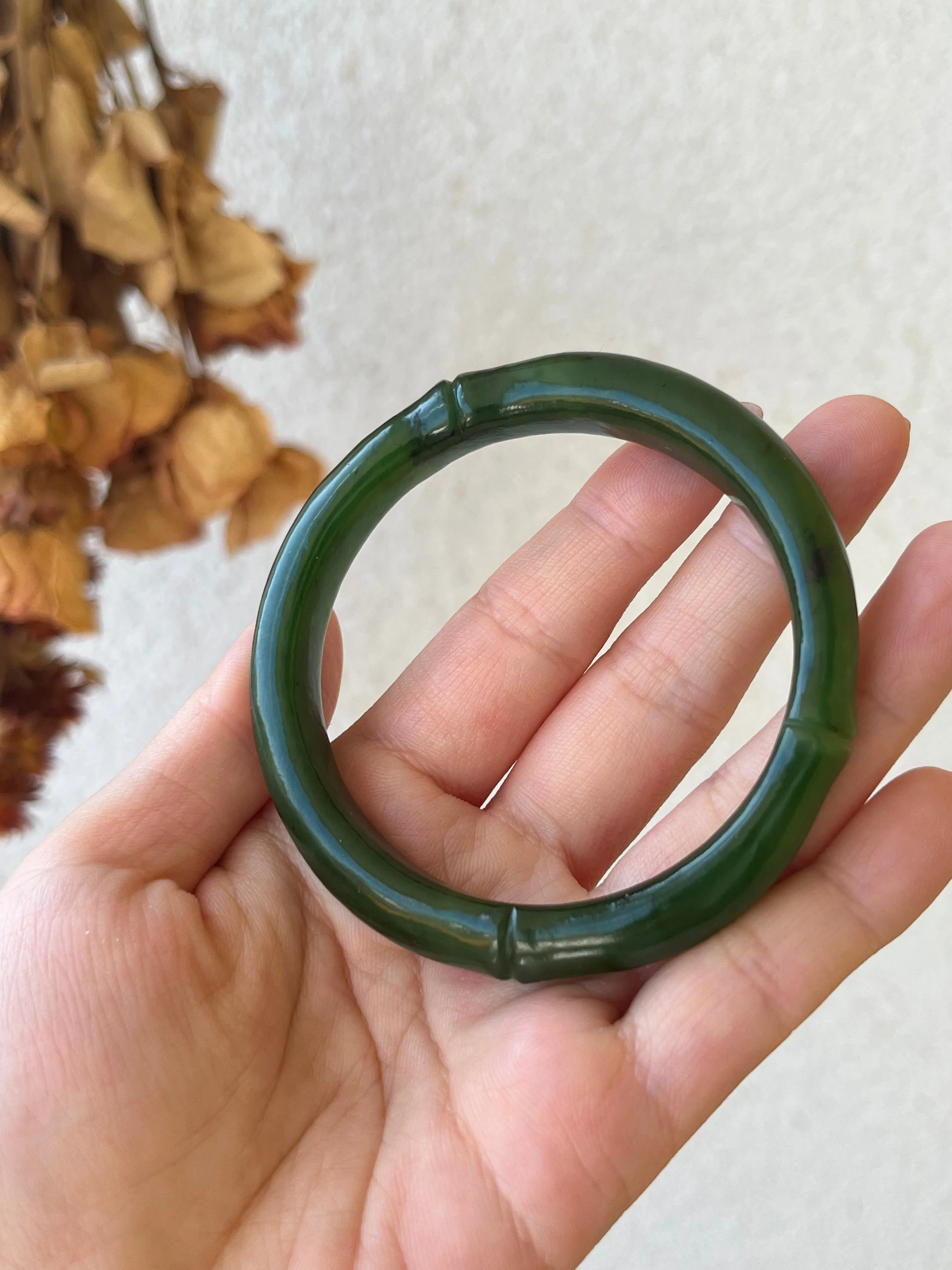 Green Hetian Jade Bamboo Bangle 56mm x 55mm, 碧玉竹节手镯