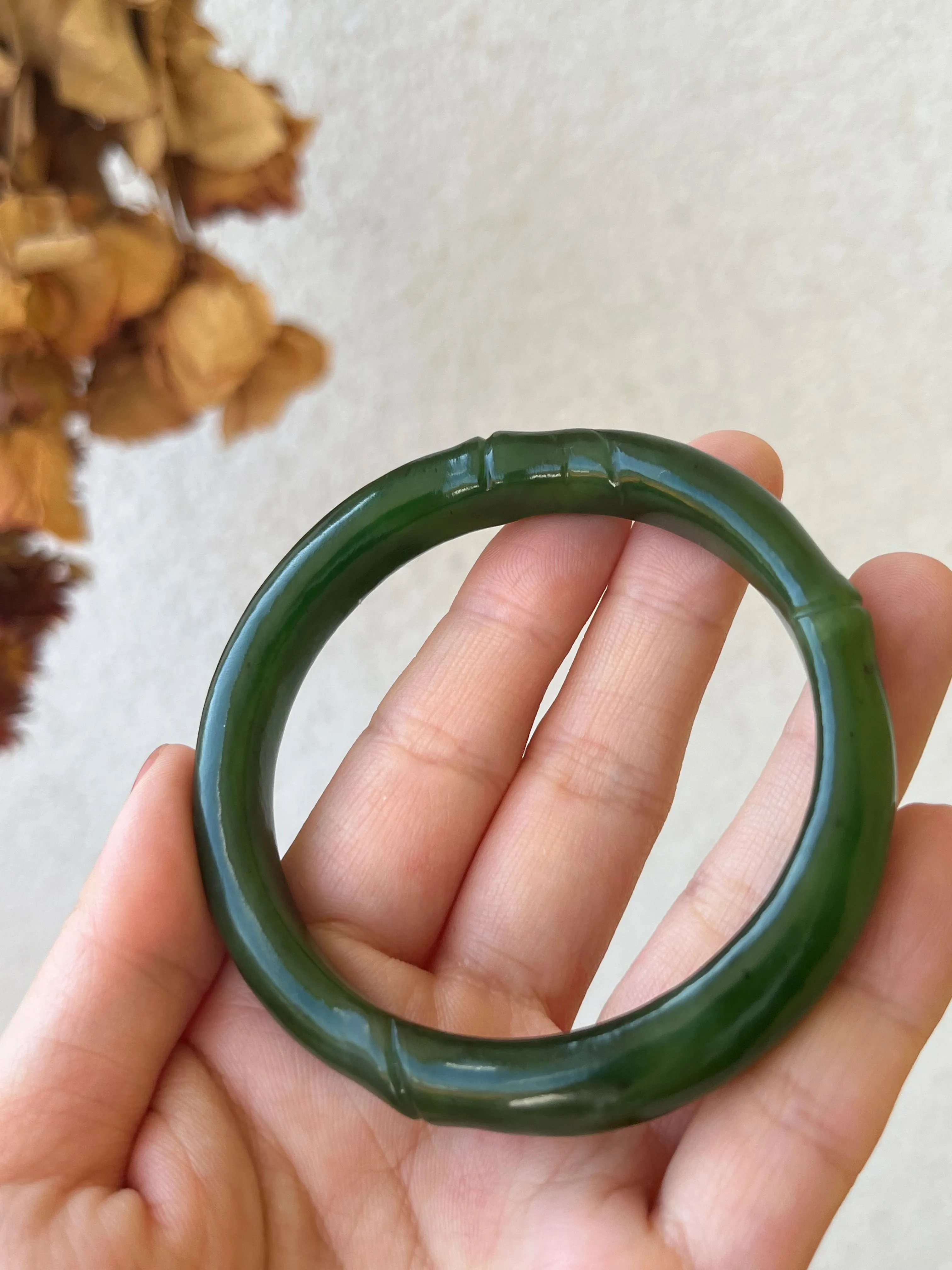 Green Hetian Jade Bamboo Bangle 56mm x 55mm, 碧玉竹节手镯