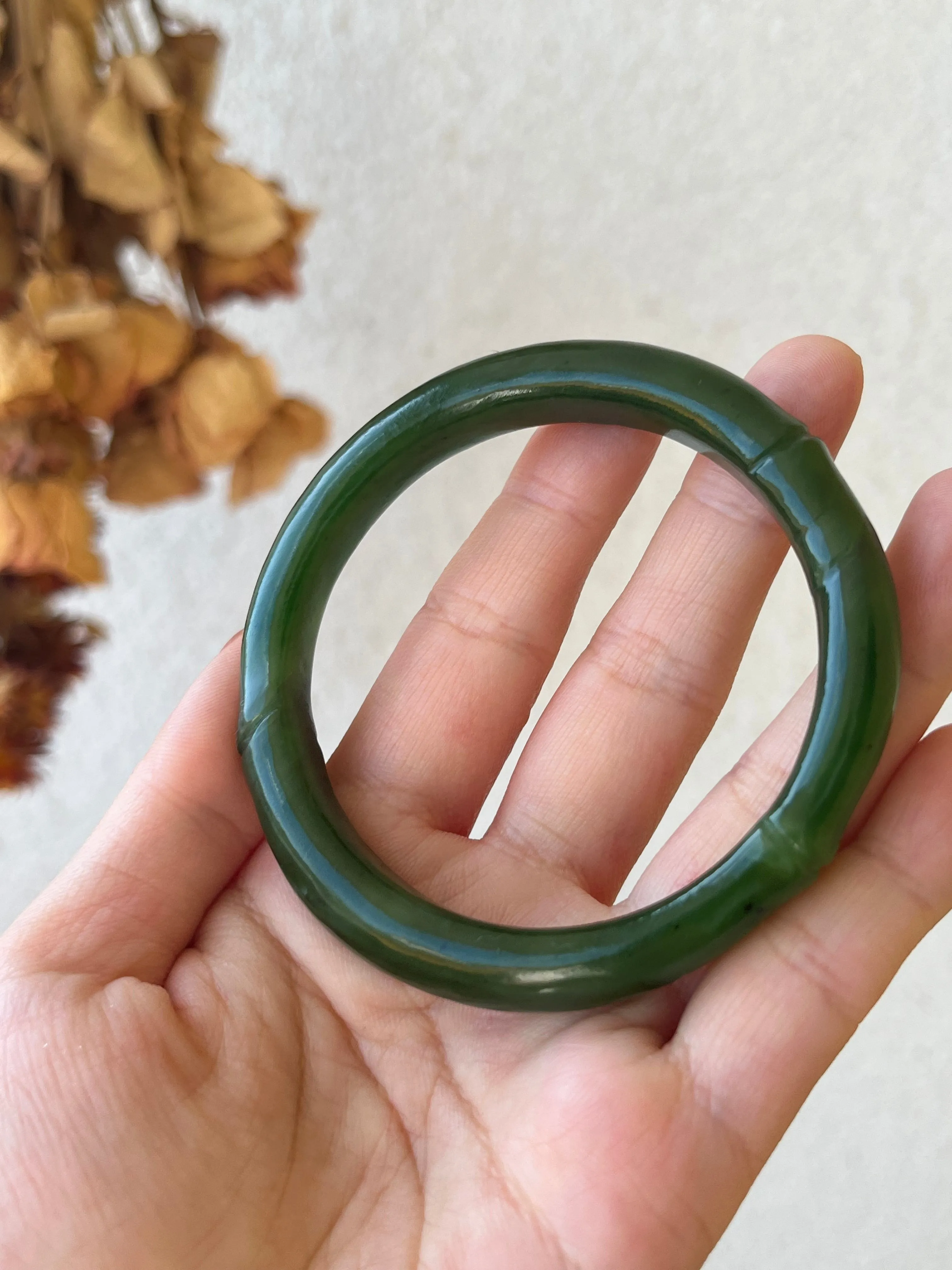 Green Hetian Jade Bamboo Bangle 56mm x 55mm, 碧玉竹节手镯