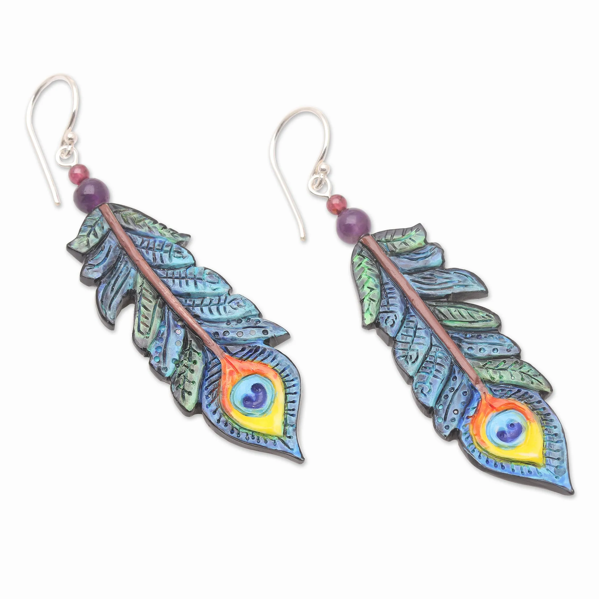 Hand-Painted Garnet and Amethyst Dangle Earrings - Krishna Feathers | NOVICA