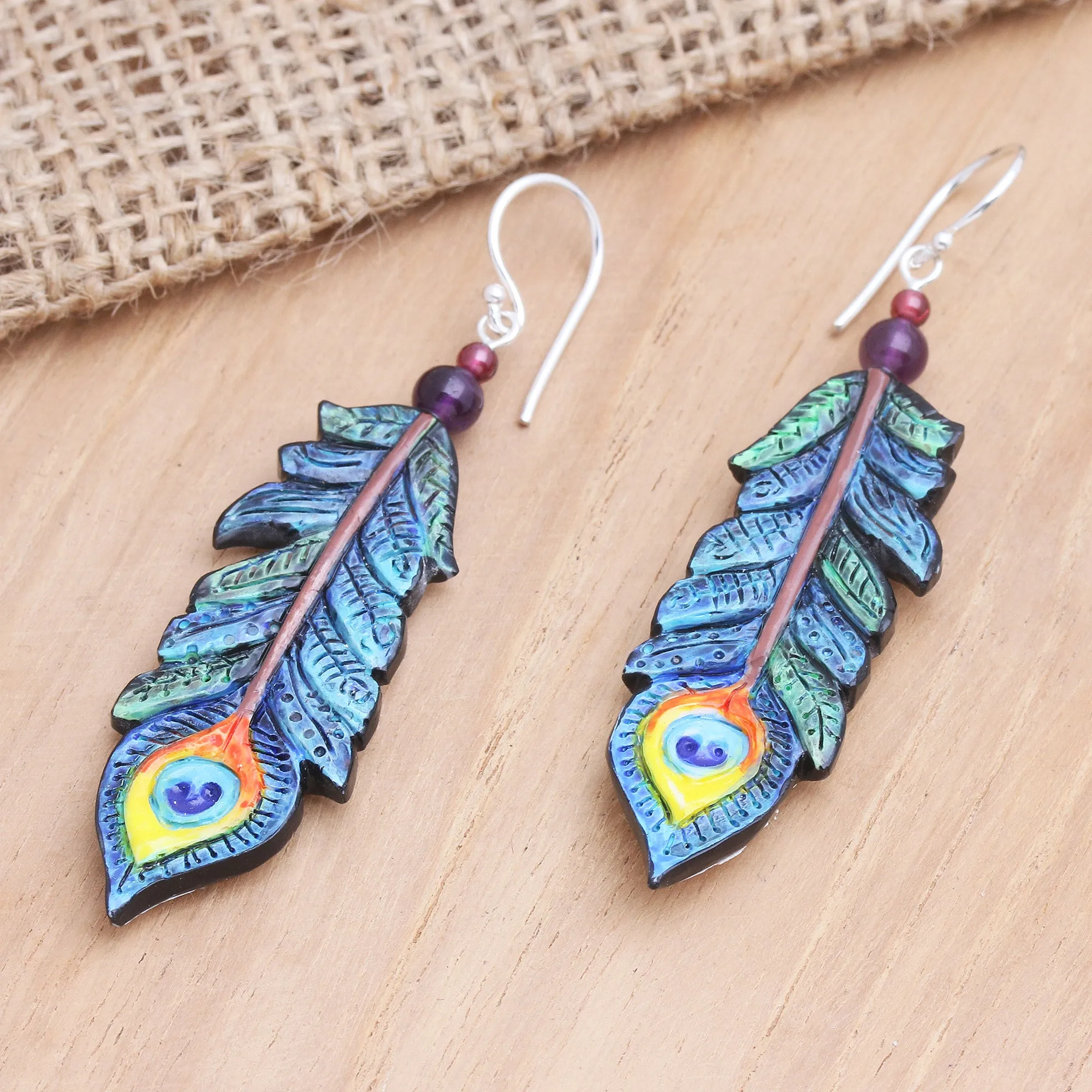 Hand-Painted Garnet and Amethyst Dangle Earrings - Krishna Feathers | NOVICA