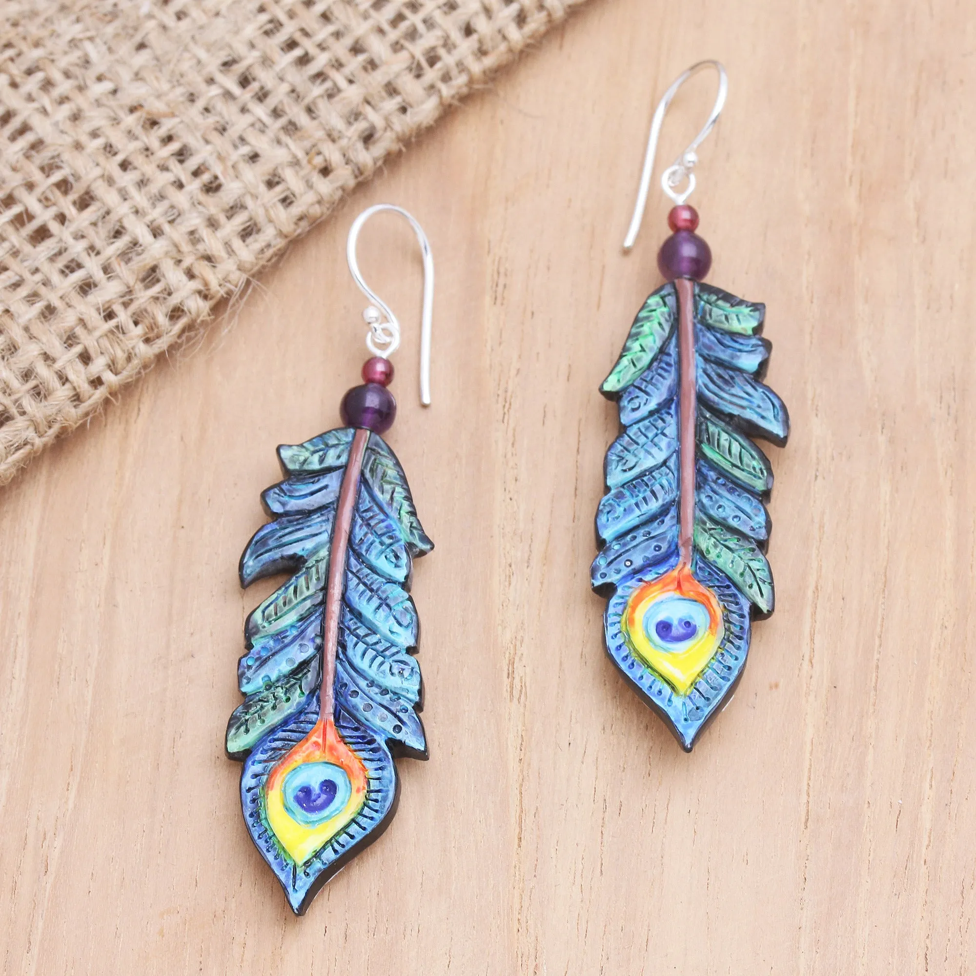 Hand-Painted Garnet and Amethyst Dangle Earrings - Krishna Feathers | NOVICA