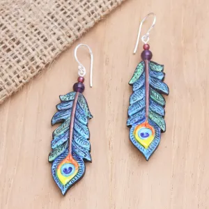 Hand-Painted Garnet and Amethyst Dangle Earrings - Krishna Feathers | NOVICA