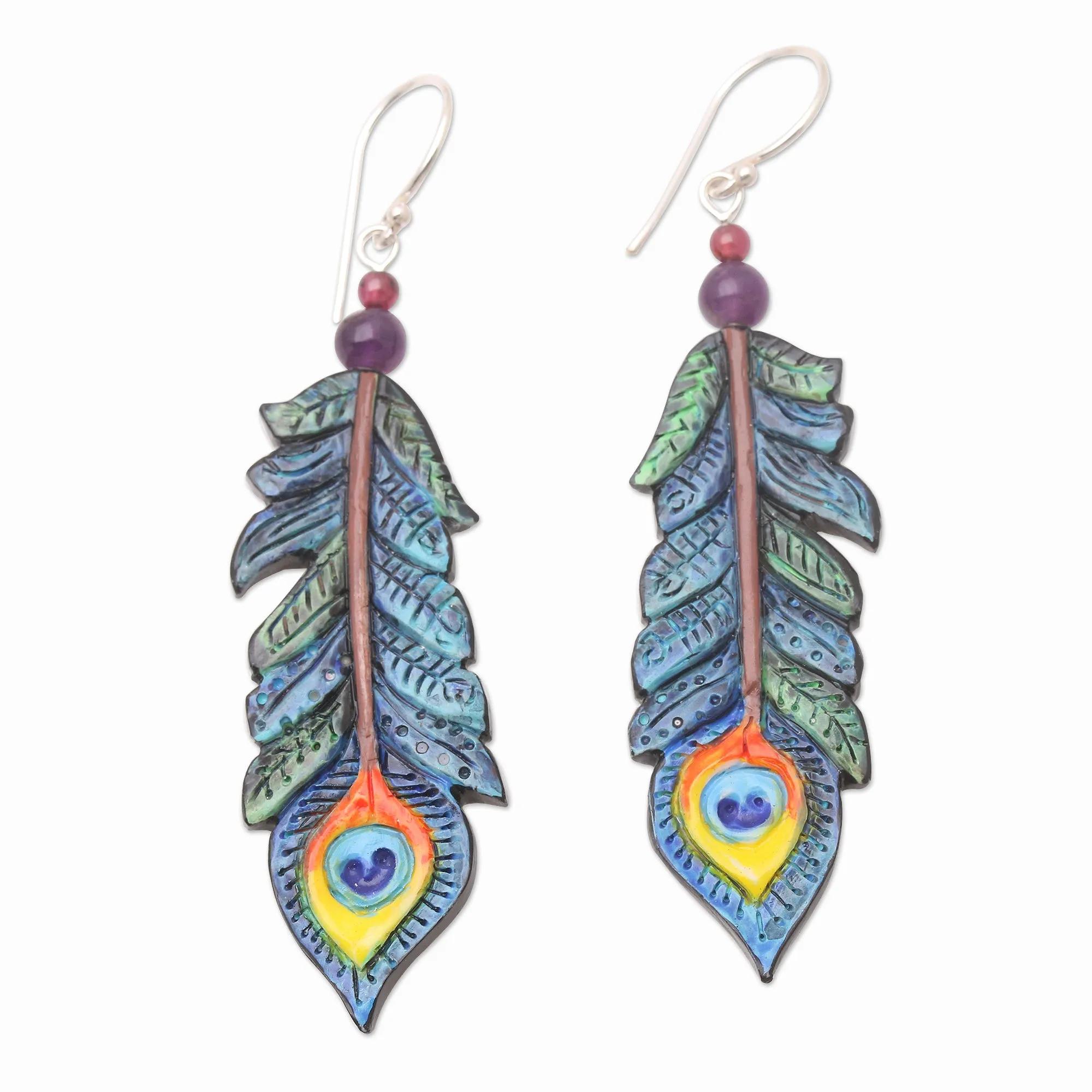 Hand-Painted Garnet and Amethyst Dangle Earrings - Krishna Feathers | NOVICA