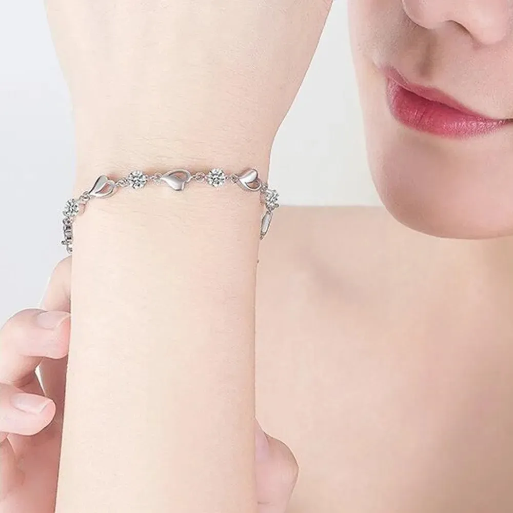 Heart-Shaped Cubic Zirconia 925 Silver Women's Bracelet