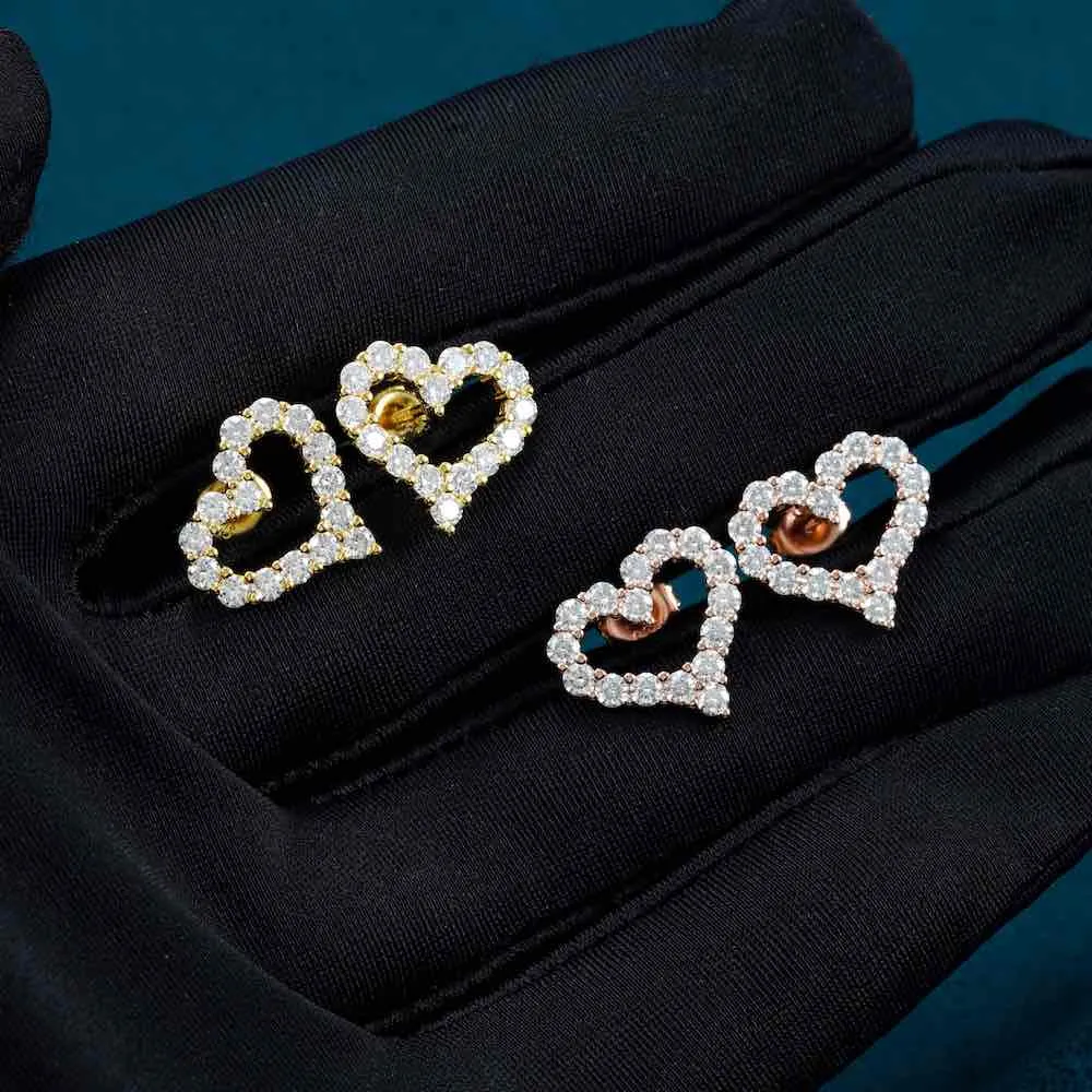 Heart Shaped Hollow Moissanite Earrings 14K Gold