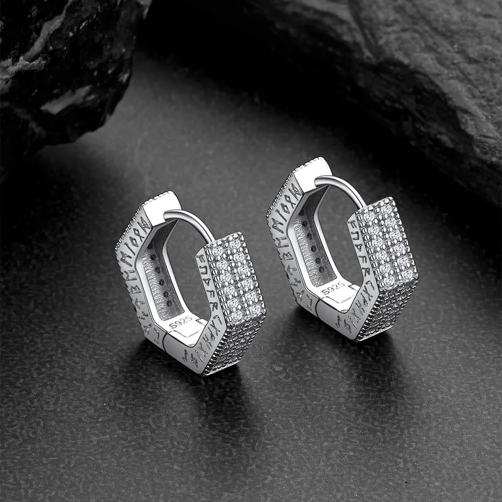 Hexagon Viking CZ Hoop Earrings With Runes for Men