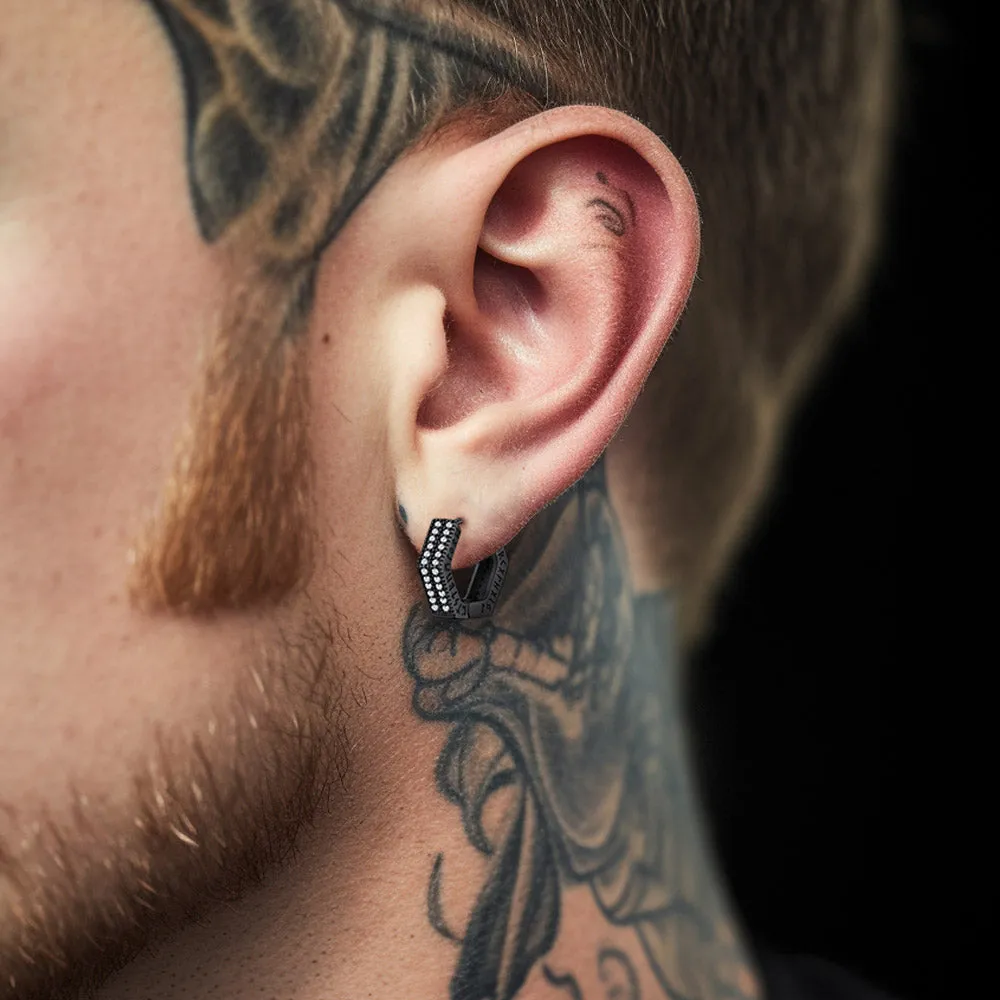 Hexagon Viking CZ Hoop Earrings With Runes for Men