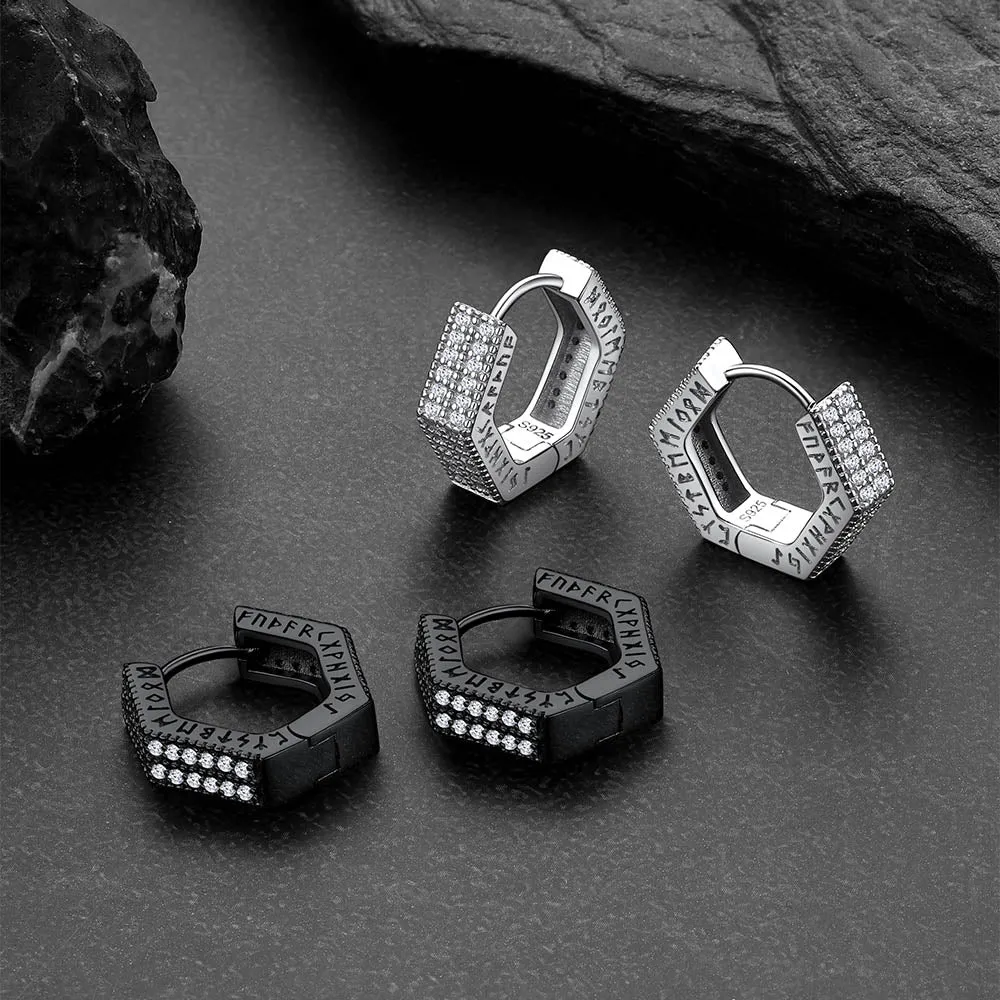 Hexagon Viking CZ Hoop Earrings With Runes for Men