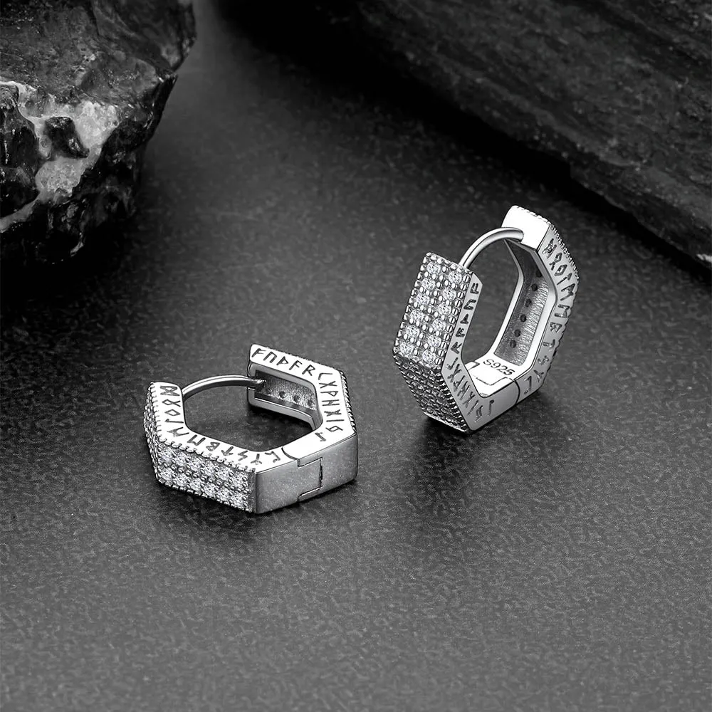 Hexagon Viking CZ Hoop Earrings With Runes for Men
