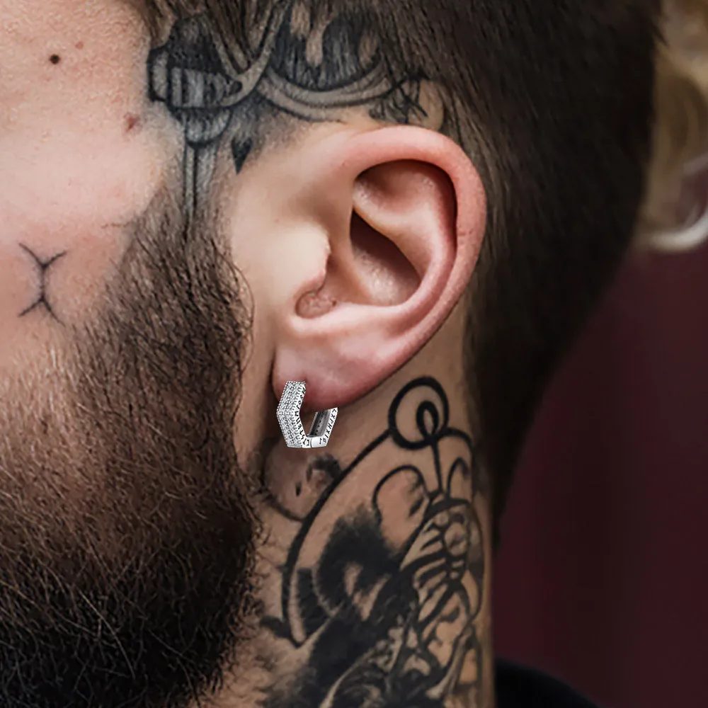 Hexagon Viking CZ Hoop Earrings With Runes for Men