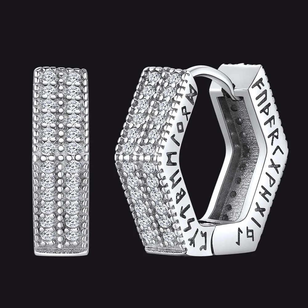 Hexagon Viking CZ Hoop Earrings With Runes for Men
