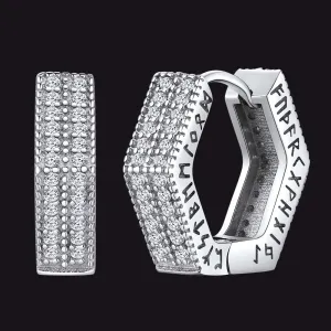 Hexagon Viking CZ Hoop Earrings With Runes for Men