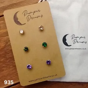 Hypoallergenic Stainless Steel 5mm Round CZ Earring Set 3 Pairs Gold Colour 935