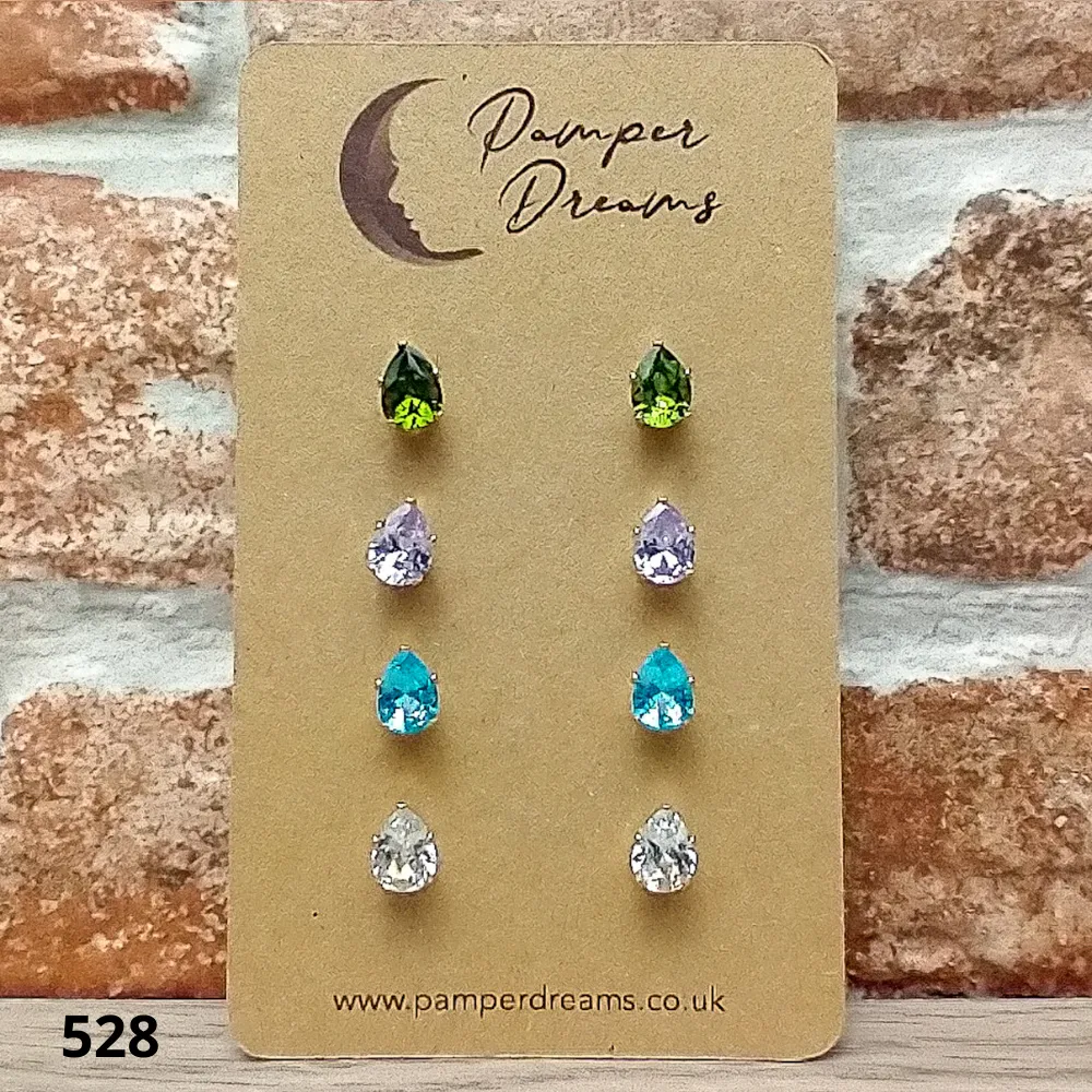 Hypoallergenic Stainless Steel CZ & Opalite Earring Set 4 Pairs Gold Colour -  528
