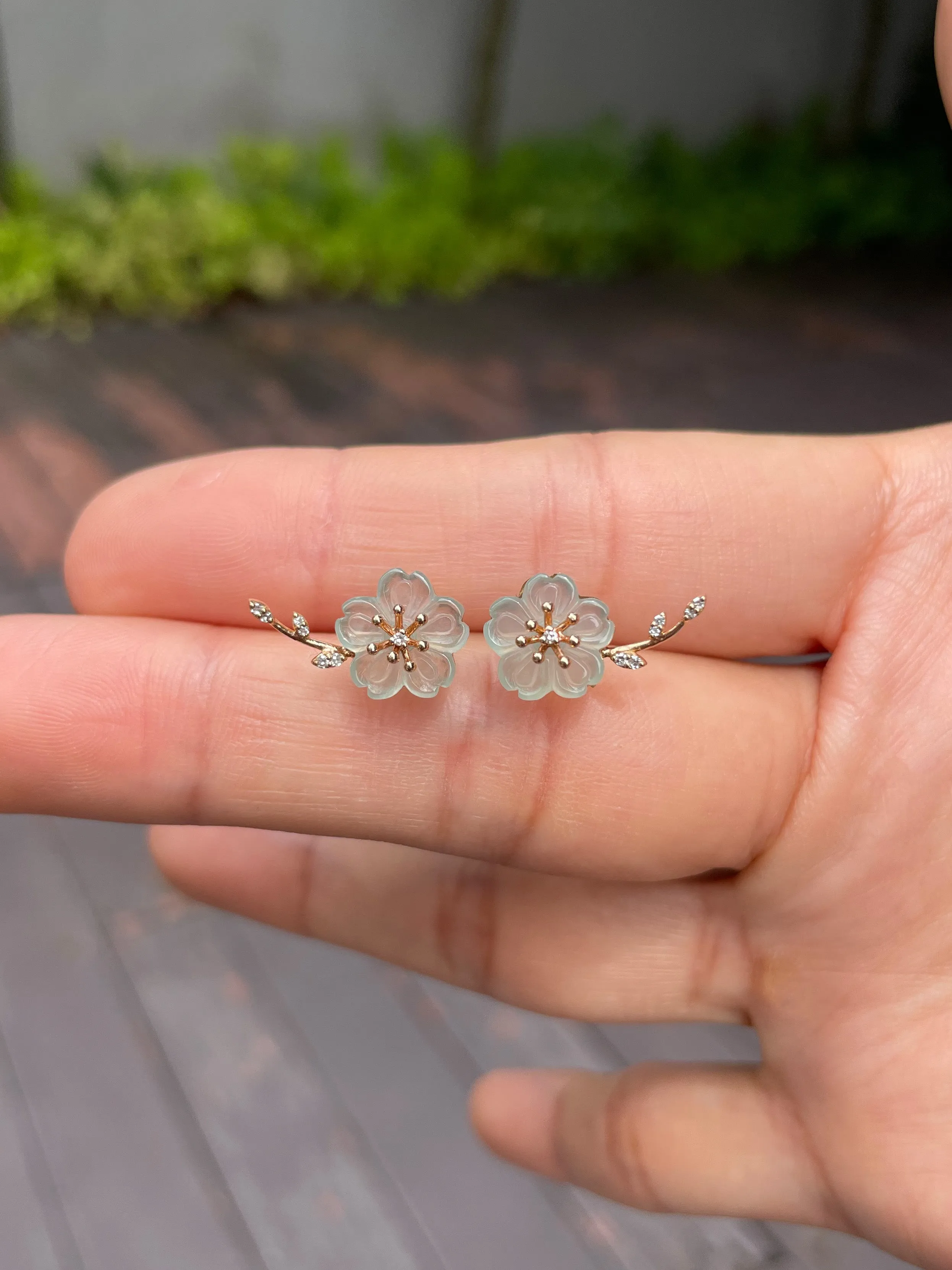 Icy Carved Jade Earrings - Cherry Blossom (NJE078)