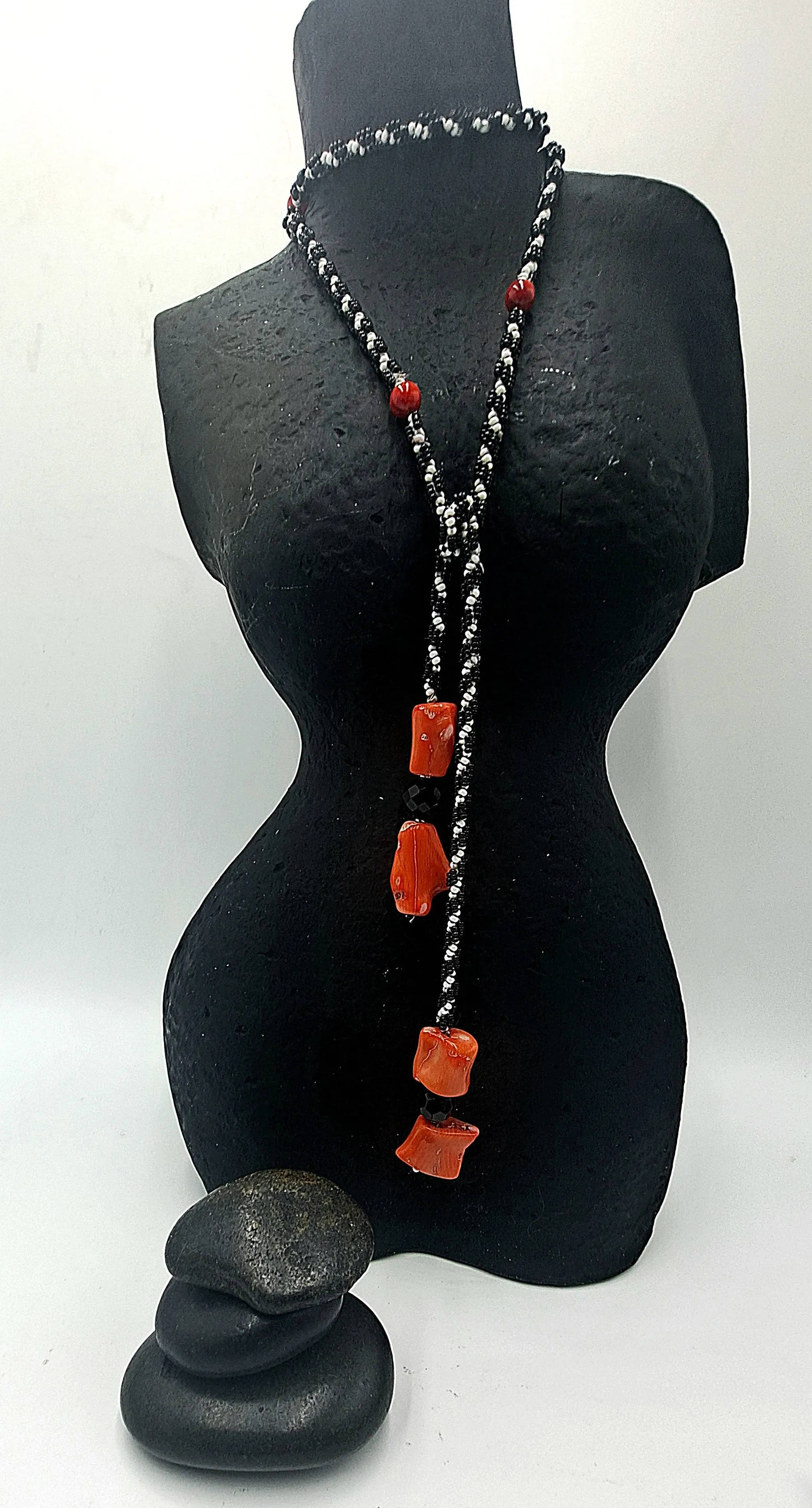 Intricately Handsewn Spiral Design, Seed Bead Necklace, Black & White Color