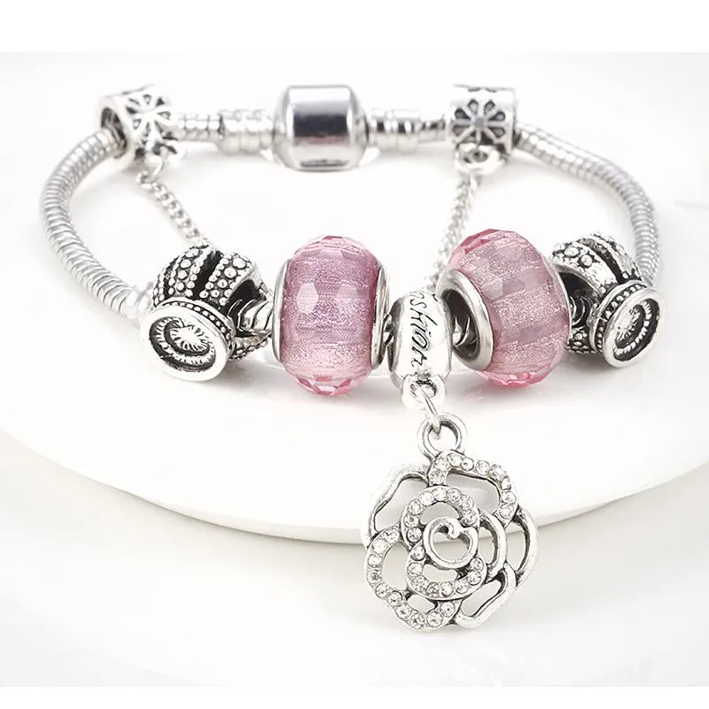 Love Pink Flower Charm Chain Bracelet