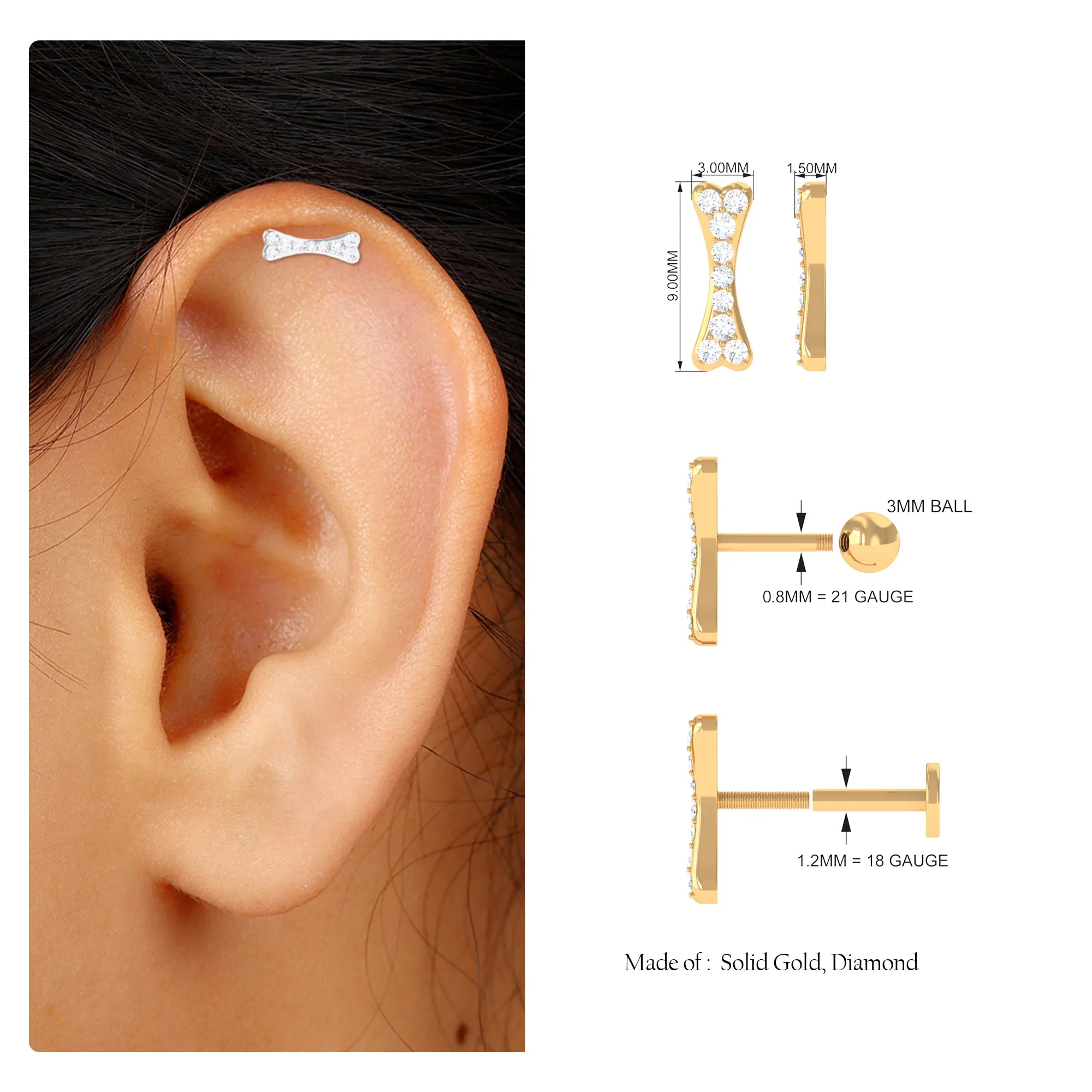 Moissanite Dog Bone Earring for Helix Piercing