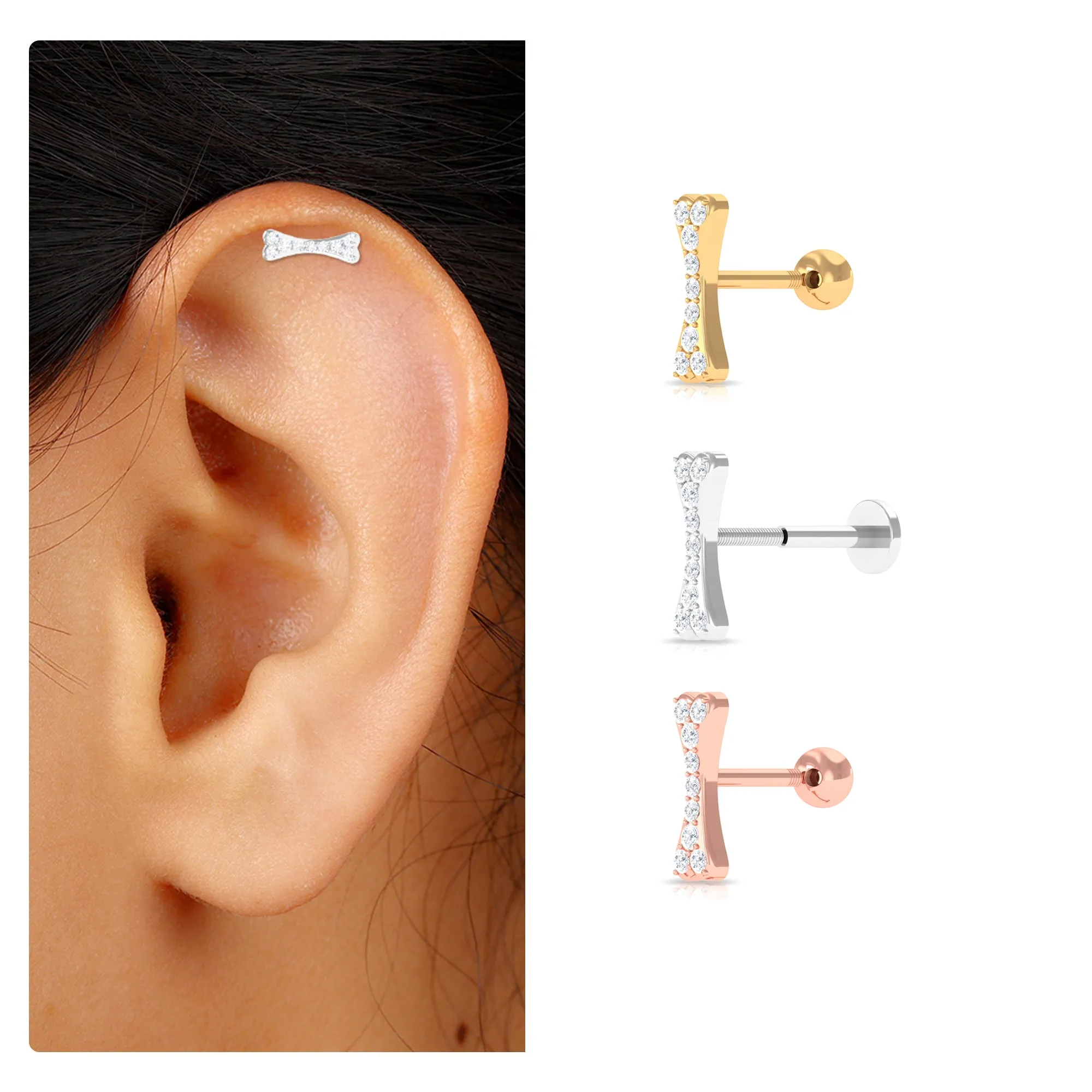 Moissanite Dog Bone Earring for Helix Piercing