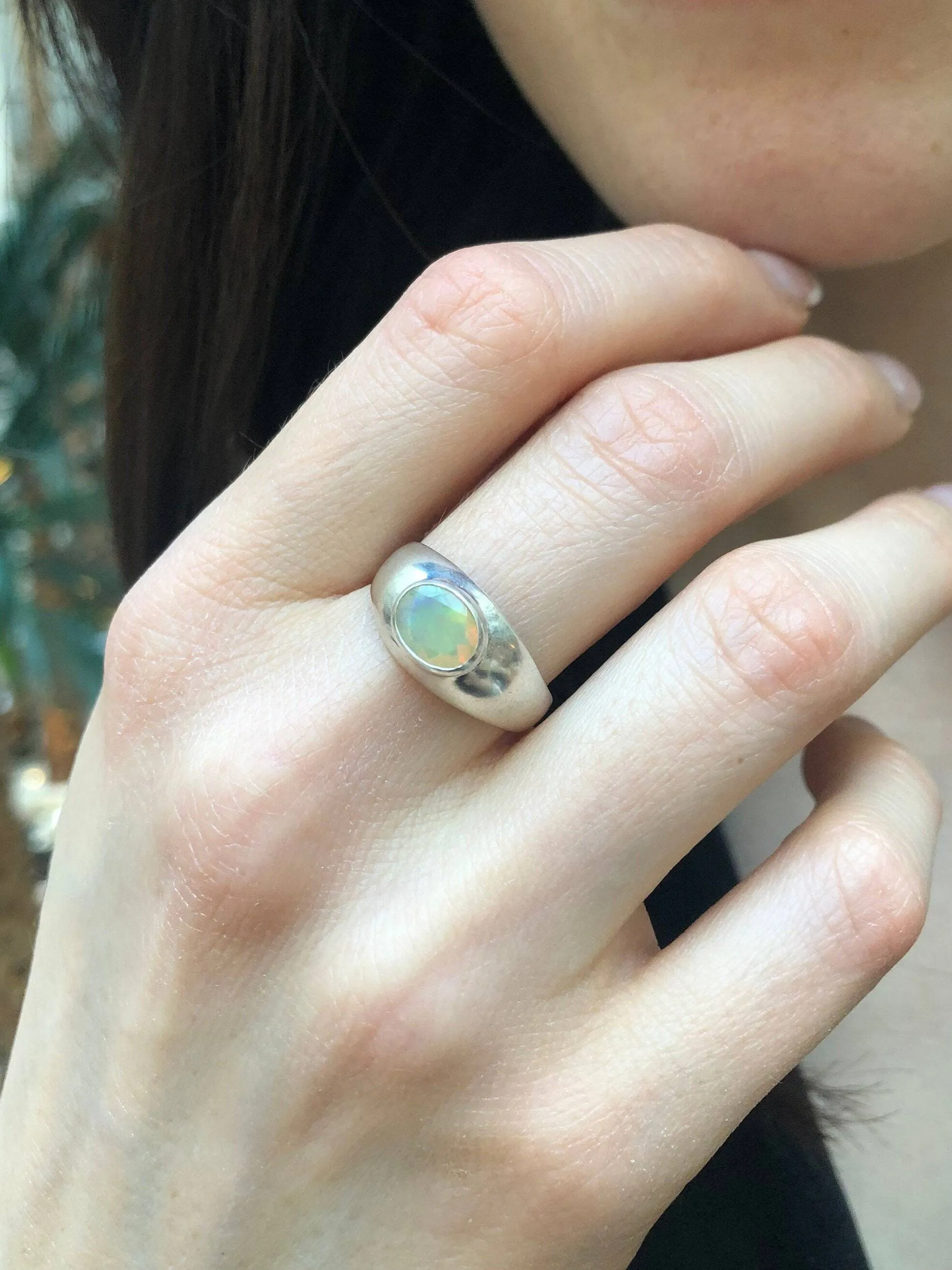 Natural Opal Ring - Vintage Dome Ring - Opal Wide Band