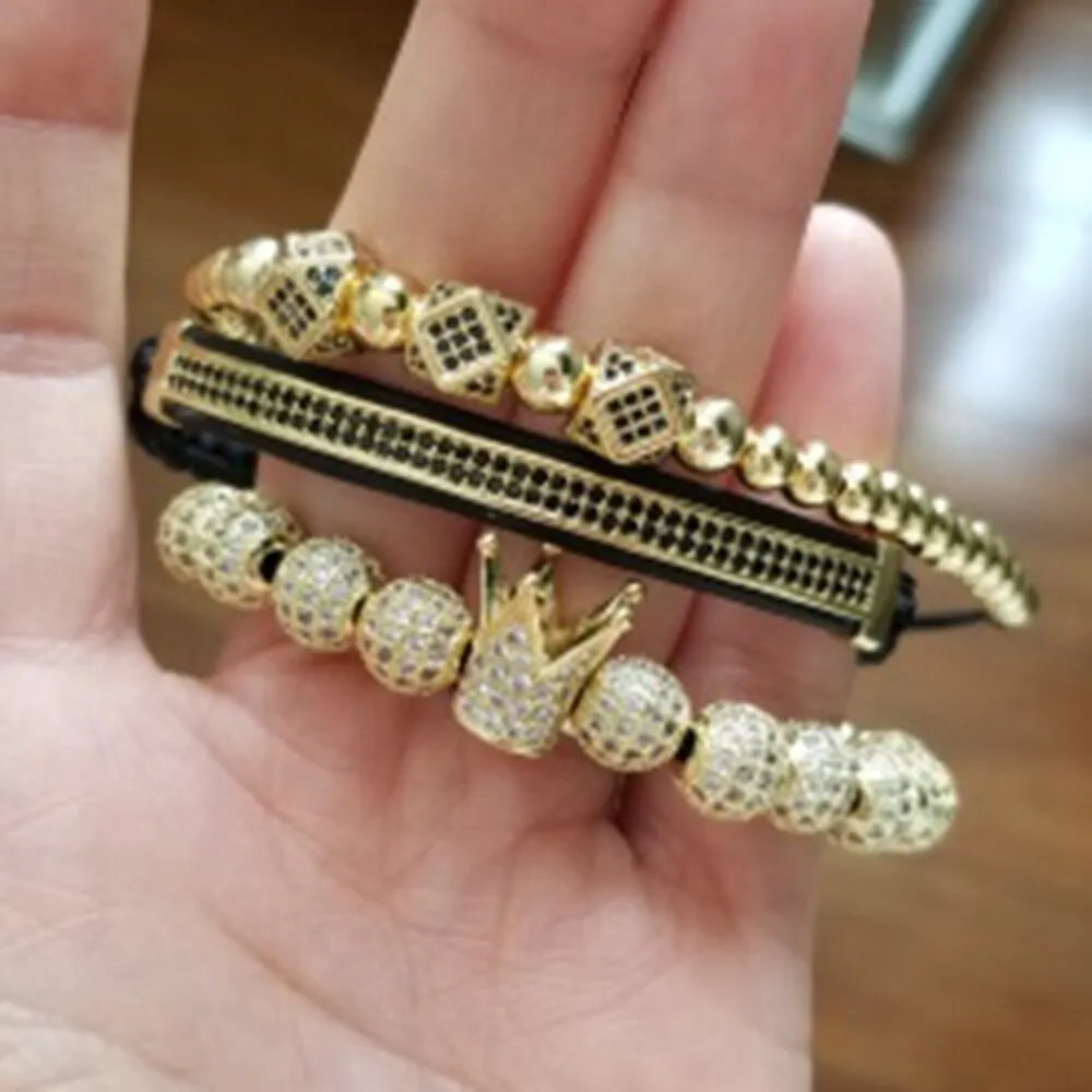 New Luxury Men Bead Bracelet Jewelry Charm 6MM Micro Pave CZ Ball Macrame Handmade Bangles