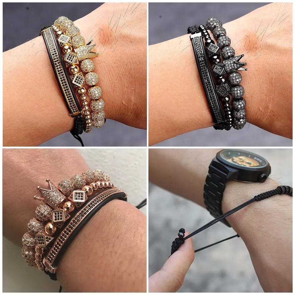 New Luxury Men Bead Bracelet Jewelry Charm 6MM Micro Pave CZ Ball Macrame Handmade Bangles