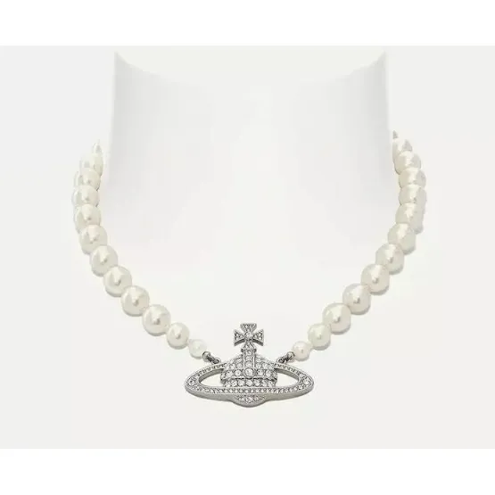 One Row Pearl Bas Relief Choker Platinum/Pearl/Crystal