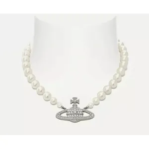 One Row Pearl Bas Relief Choker Platinum/Pearl/Crystal