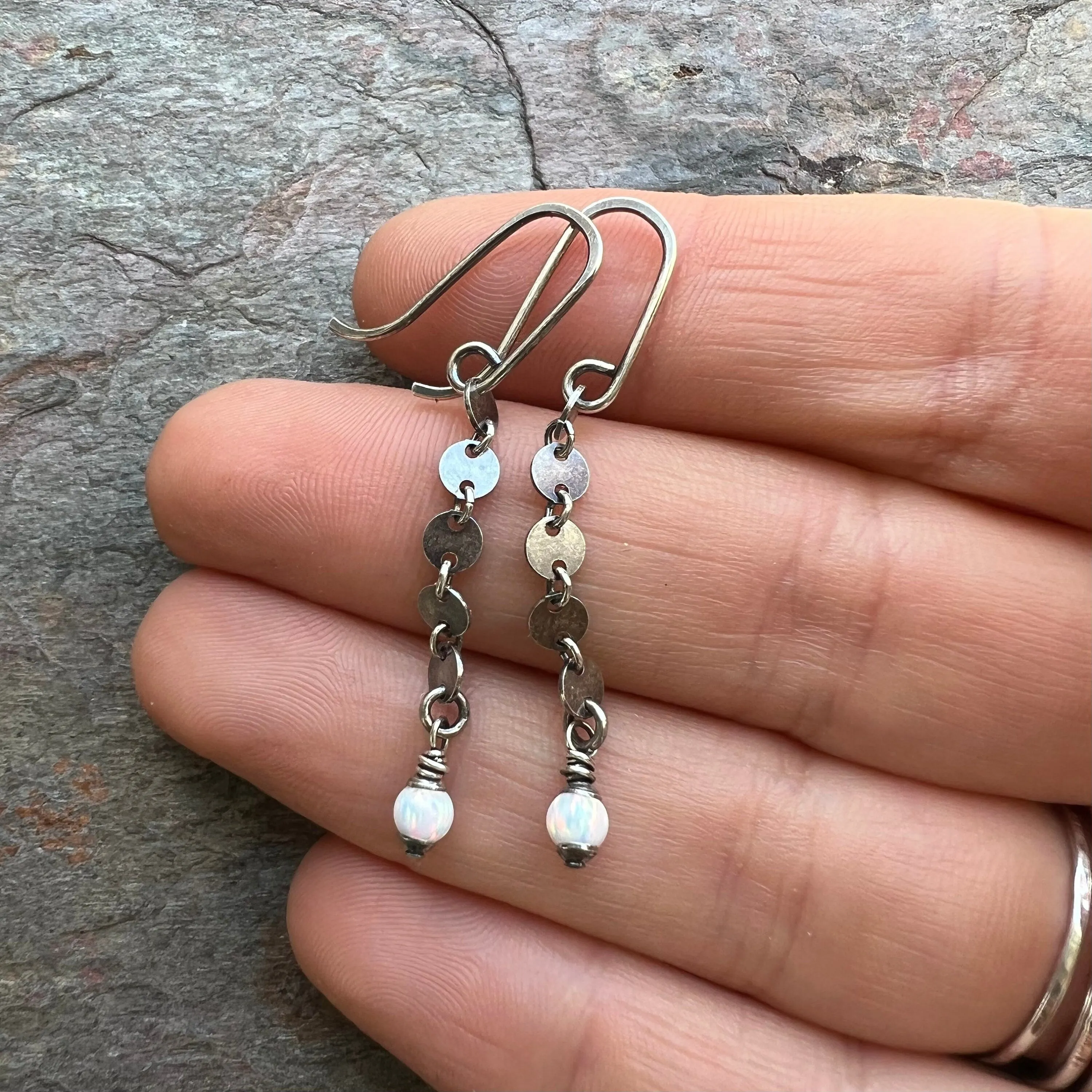 Opal Sterling Silver Earrings - Opal Beads on Sterling Silver Circle Chain Earrings