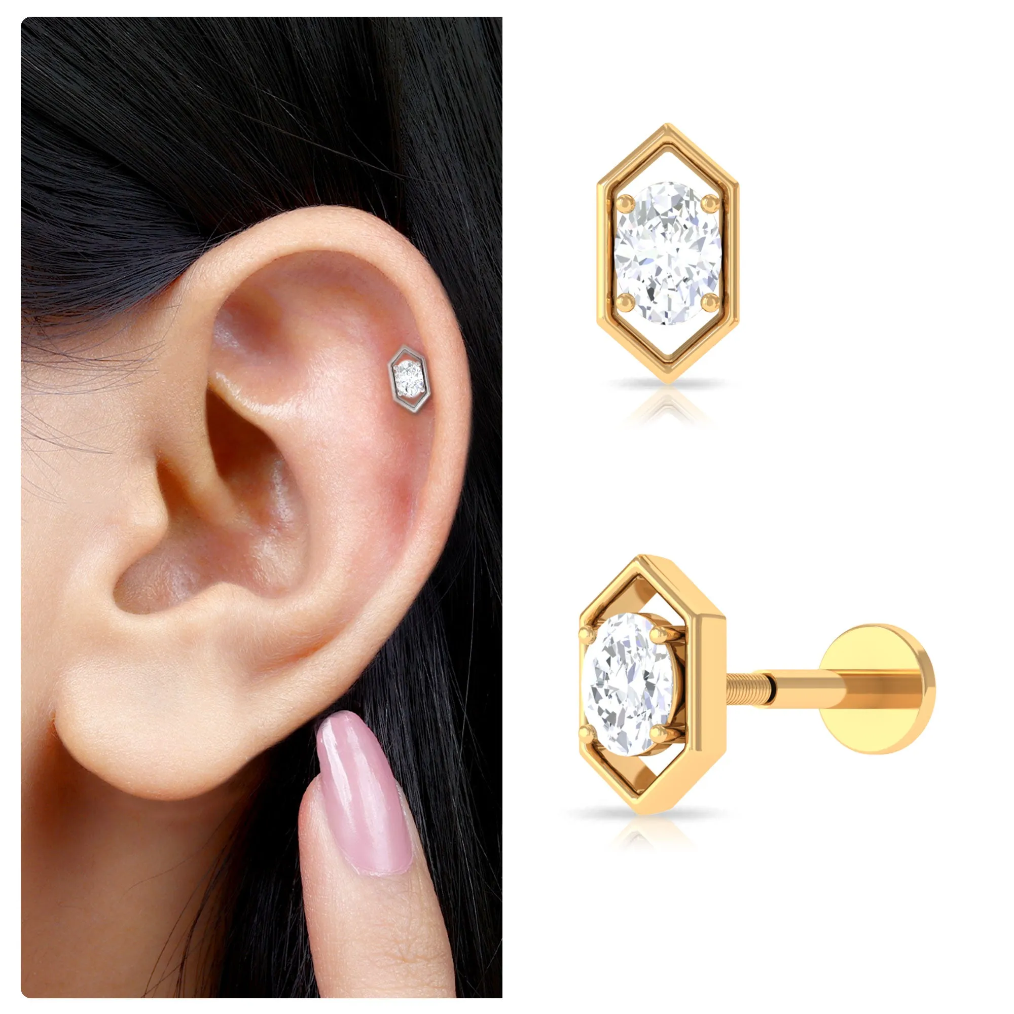 Oval Cut Moissanite Solitaire Hexagon Helix Earring