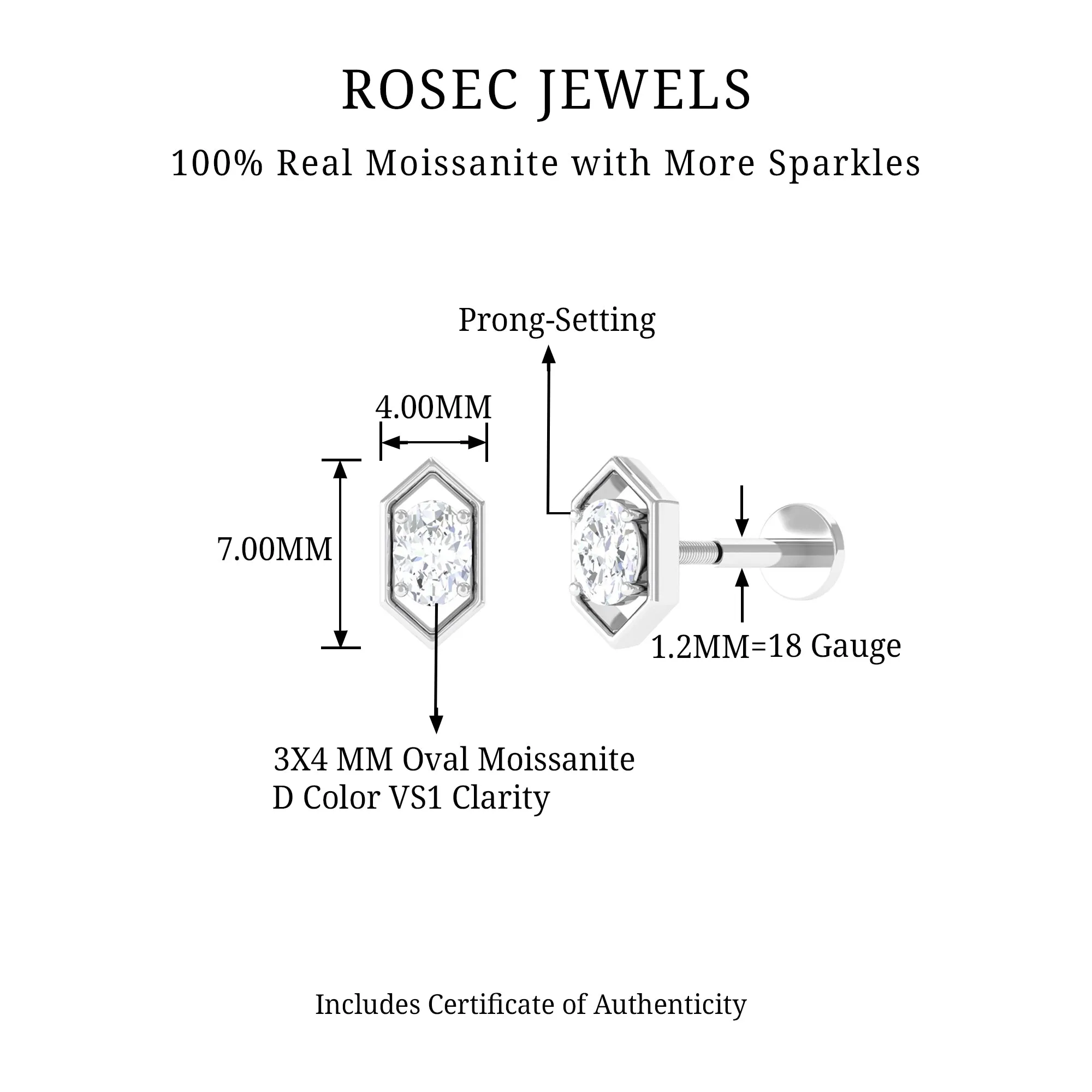 Oval Cut Moissanite Solitaire Hexagon Helix Earring