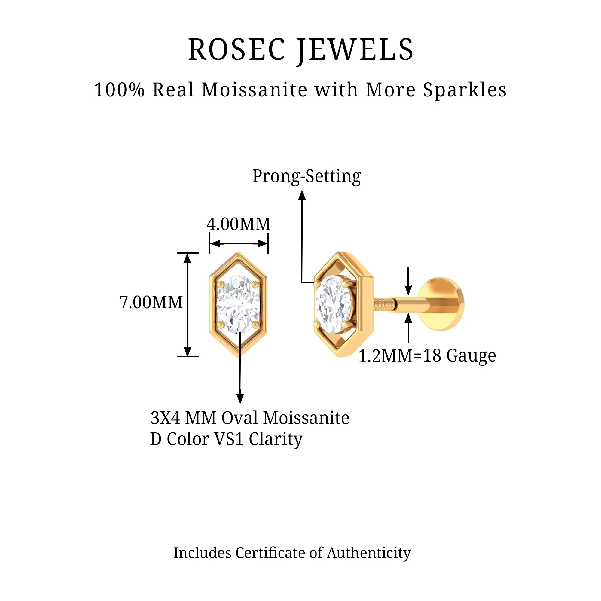 Oval Cut Moissanite Solitaire Hexagon Helix Earring