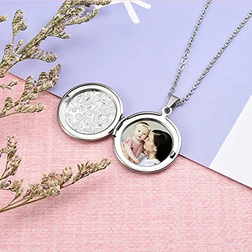 Personalized Photo Locket Necklace Custom Text Round Floral Locket Pendant  - Silver