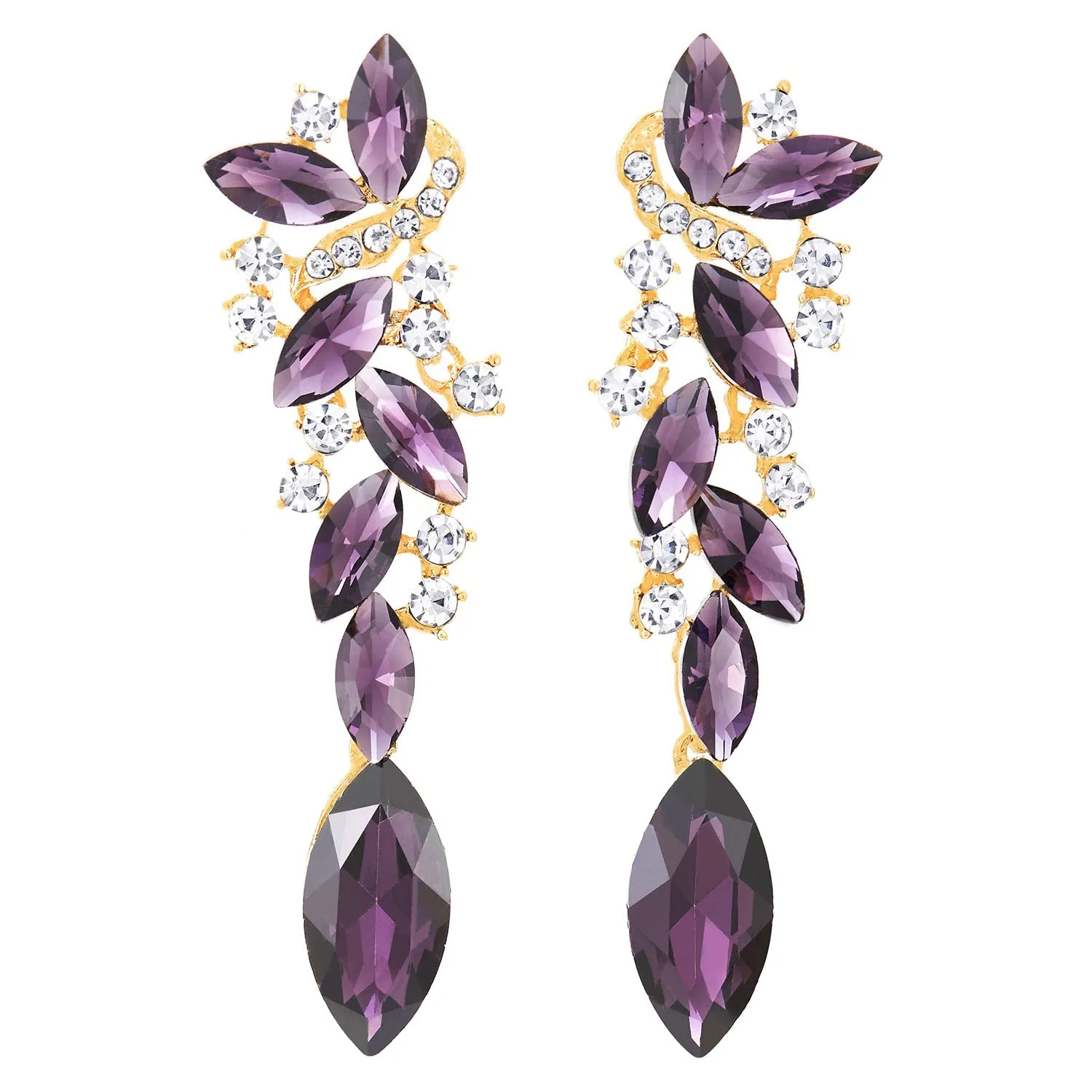 Purple Violet Art Deco Prom Rhinestone Marquise Cluster Chandelier Long Dangle Statement Earrings