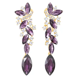 Purple Violet Art Deco Prom Rhinestone Marquise Cluster Chandelier Long Dangle Statement Earrings