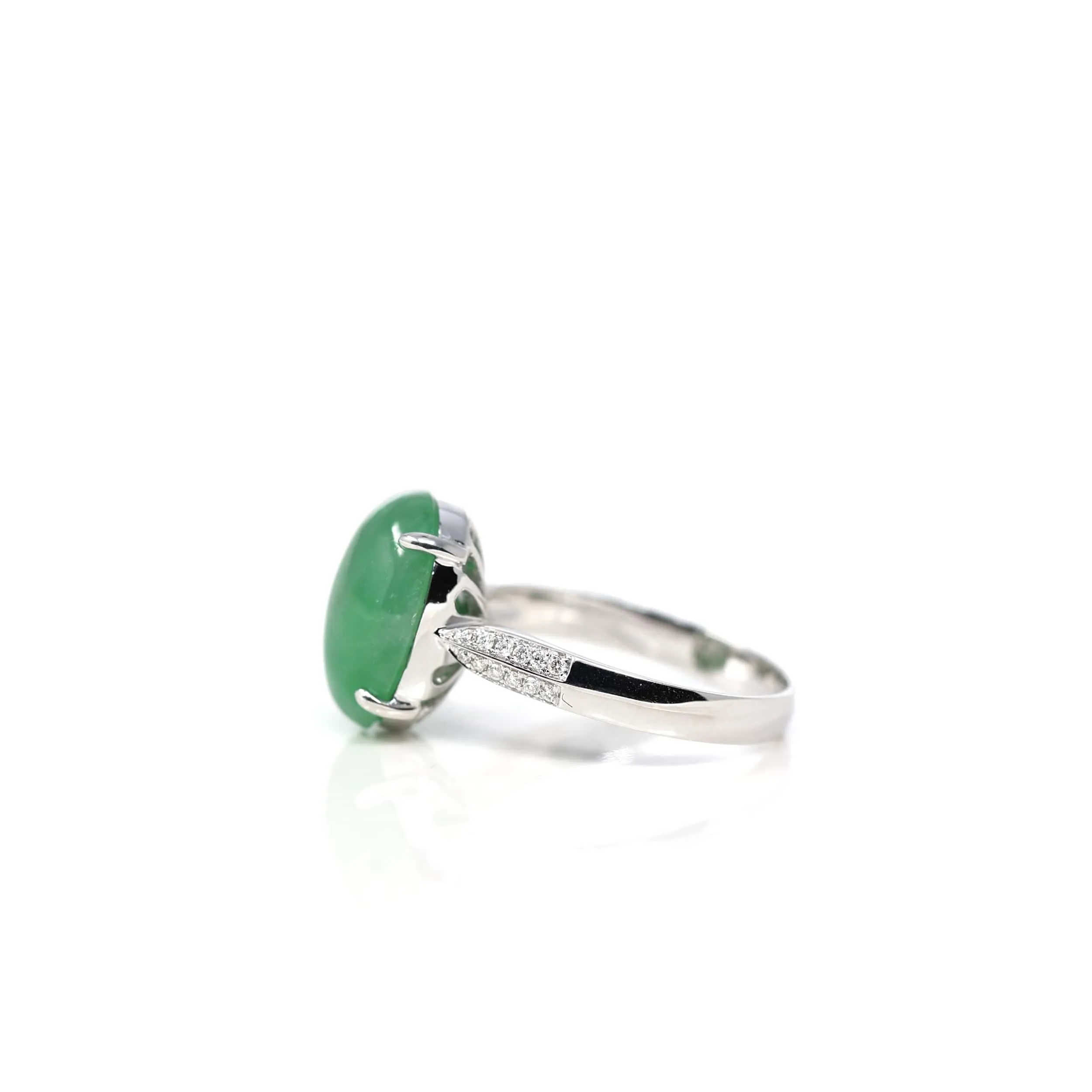 RealJade® Co. 18k White Gold Natural Imperial Green Oval Jadeite Jade Engagement Ring With Diamonds