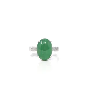 RealJade® Co. 18k White Gold Natural Imperial Green Oval Jadeite Jade Engagement Ring With Diamonds