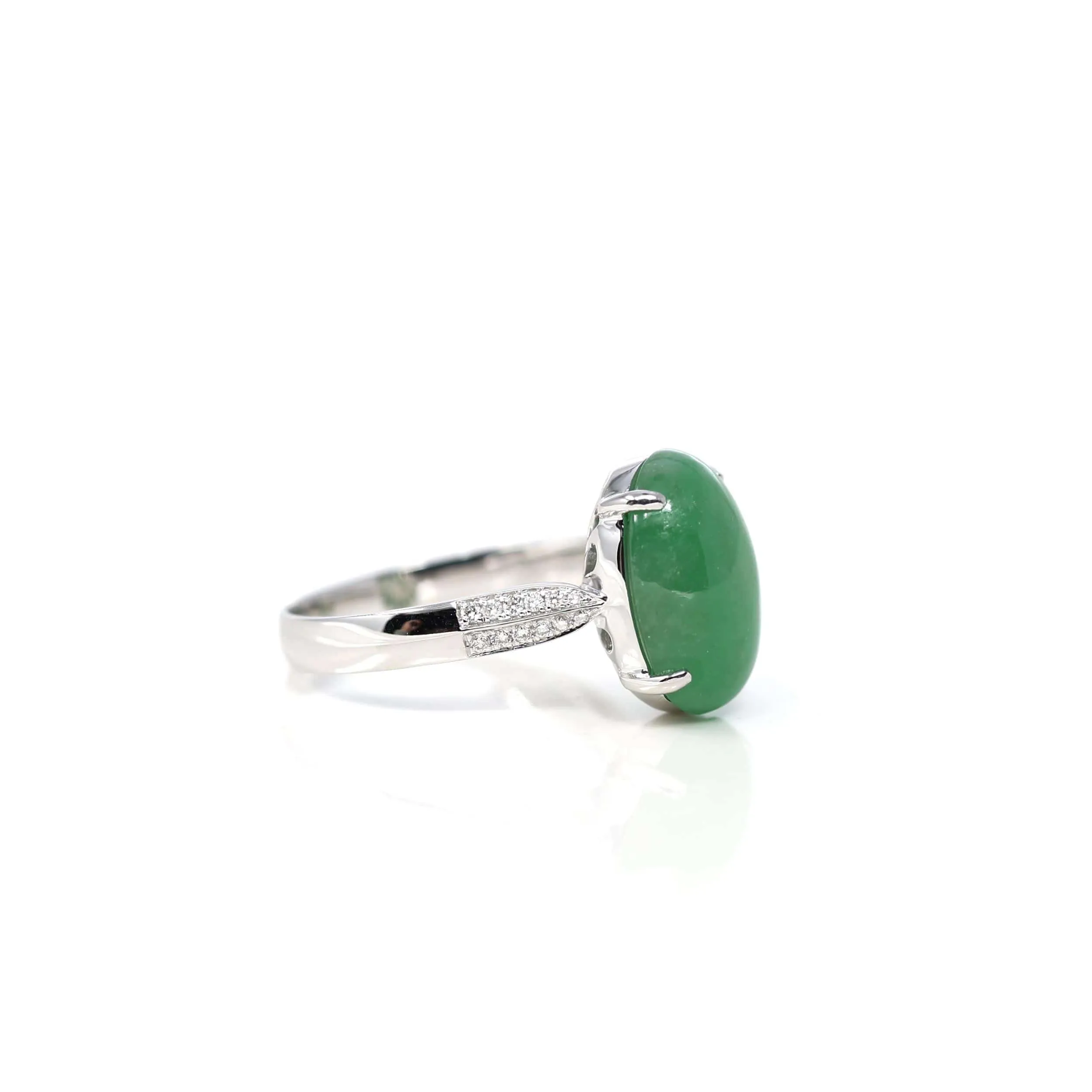 RealJade® Co. 18k White Gold Natural Imperial Green Oval Jadeite Jade Engagement Ring With Diamonds