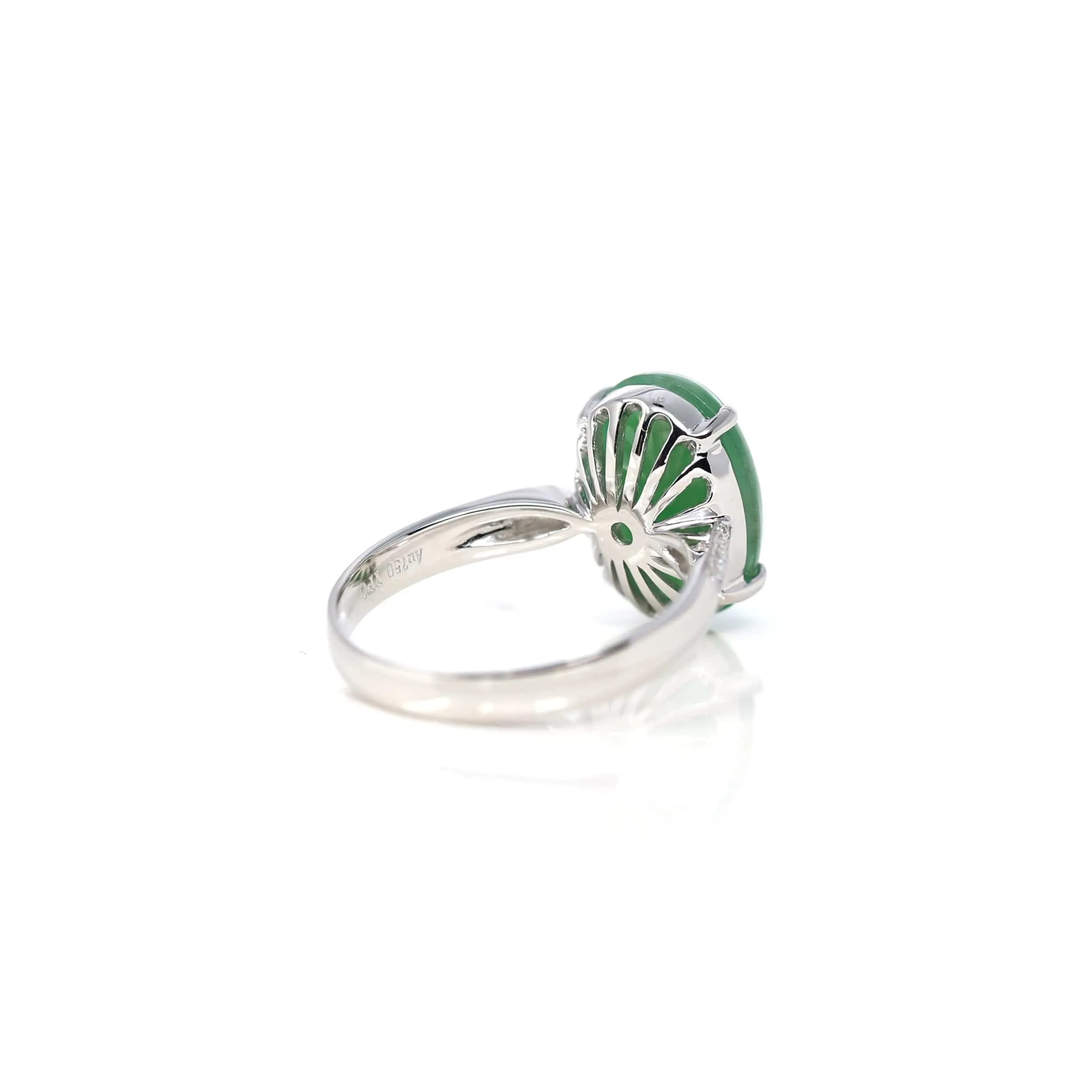 RealJade® Co. 18k White Gold Natural Imperial Green Oval Jadeite Jade Engagement Ring With Diamonds