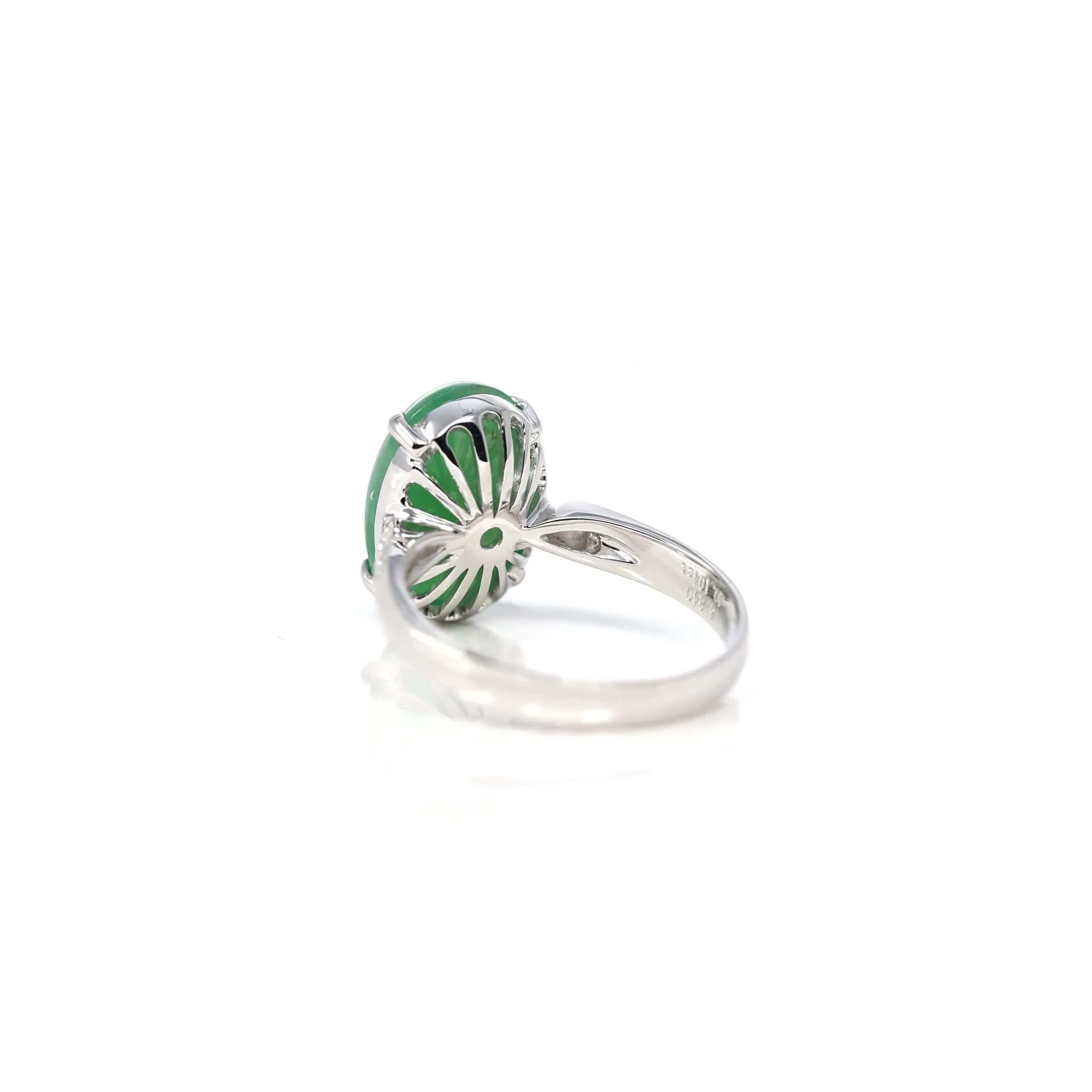 RealJade® Co. 18k White Gold Natural Imperial Green Oval Jadeite Jade Engagement Ring With Diamonds