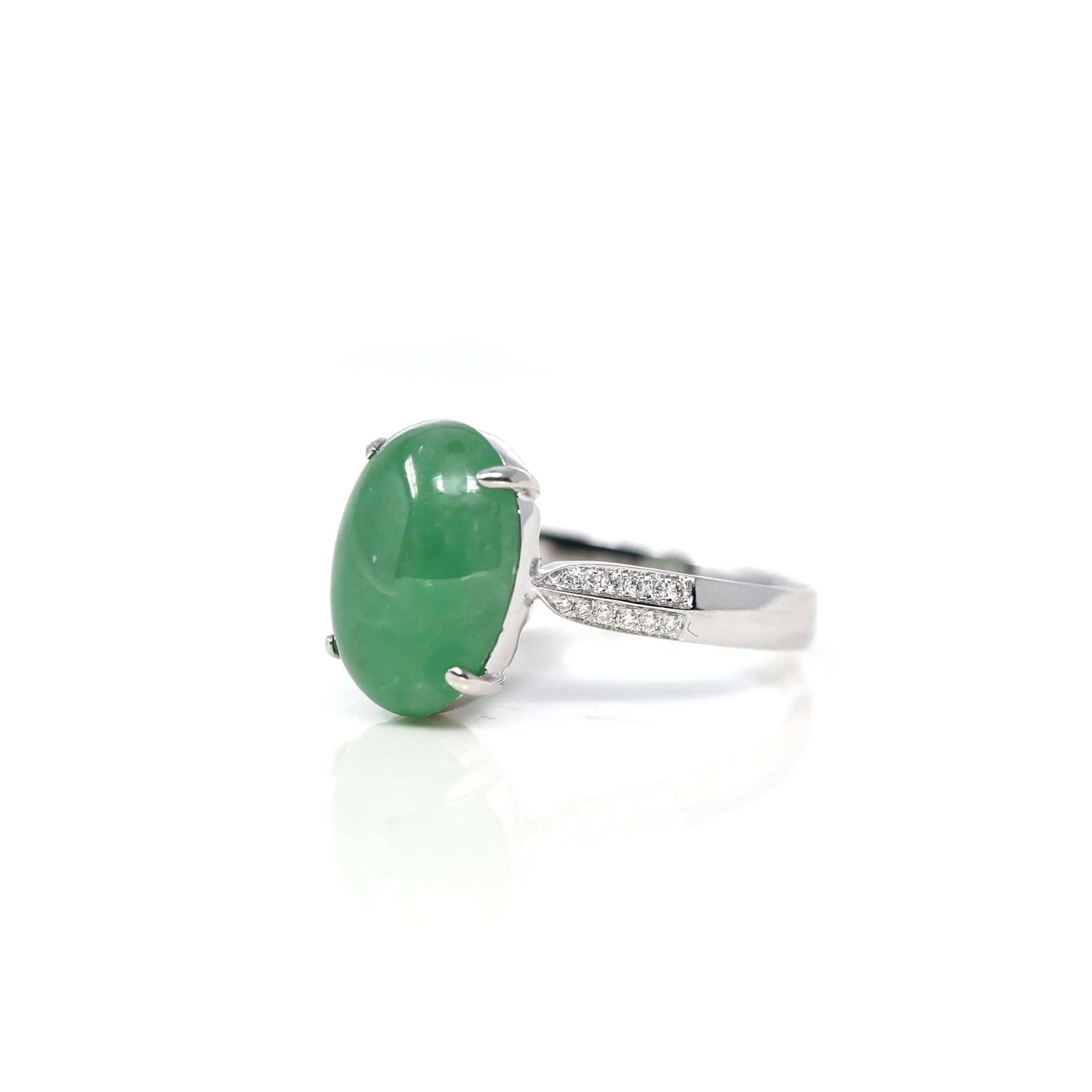 RealJade® Co. 18k White Gold Natural Imperial Green Oval Jadeite Jade Engagement Ring With Diamonds