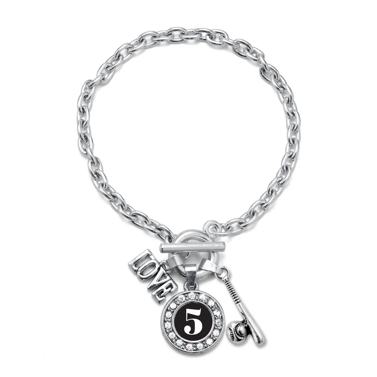 Silver Baseball Bat - Sports Number 5 Circle Charm Toggle Bracelet