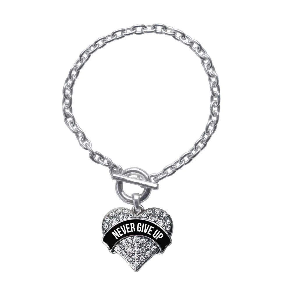 Silver Black Banner Never Give Up Pave Heart Charm Toggle Bracelet