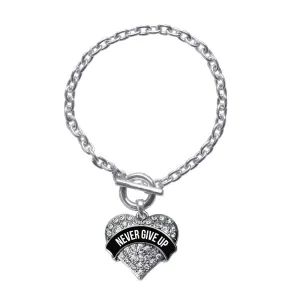 Silver Black Banner Never Give Up Pave Heart Charm Toggle Bracelet