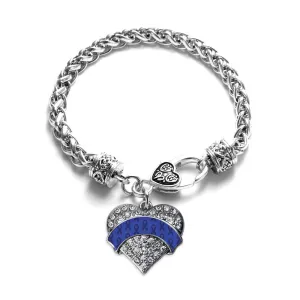 Silver Blue Ribbon Support Pave Heart Charm Braided Bracelet