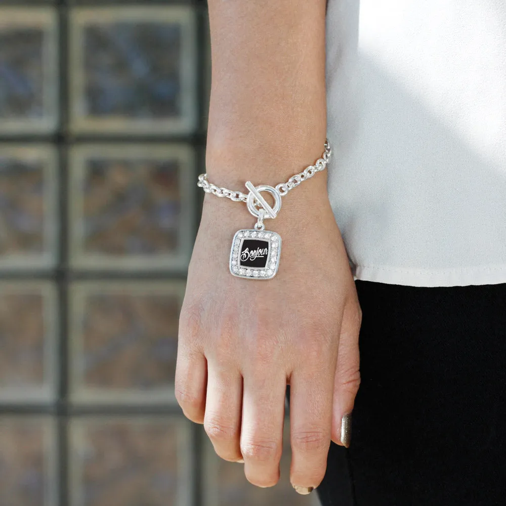 Silver Bonjour Square Charm Toggle Bracelet