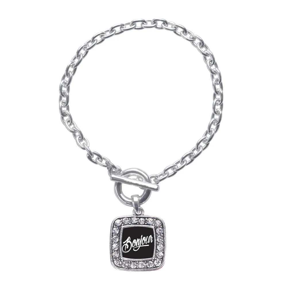 Silver Bonjour Square Charm Toggle Bracelet