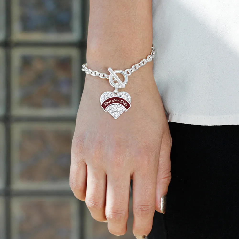 Silver Burgundy Mom of the Bride Pave Heart Charm Toggle Bracelet